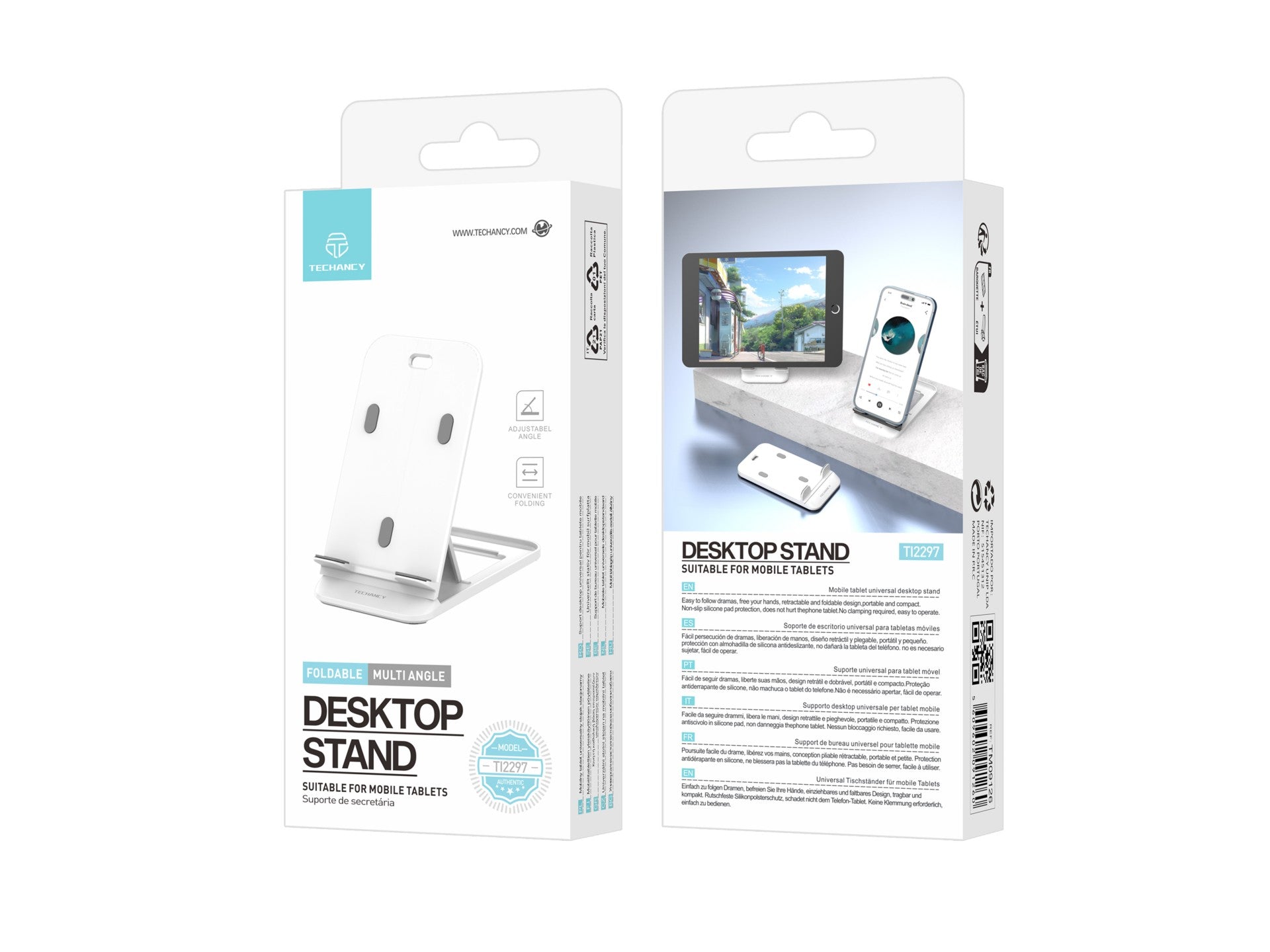 Soporte de escritorio para celular Techancy Ti2297, blanco, diseño plegable para dispositivos móviles, tabletas y celulares.