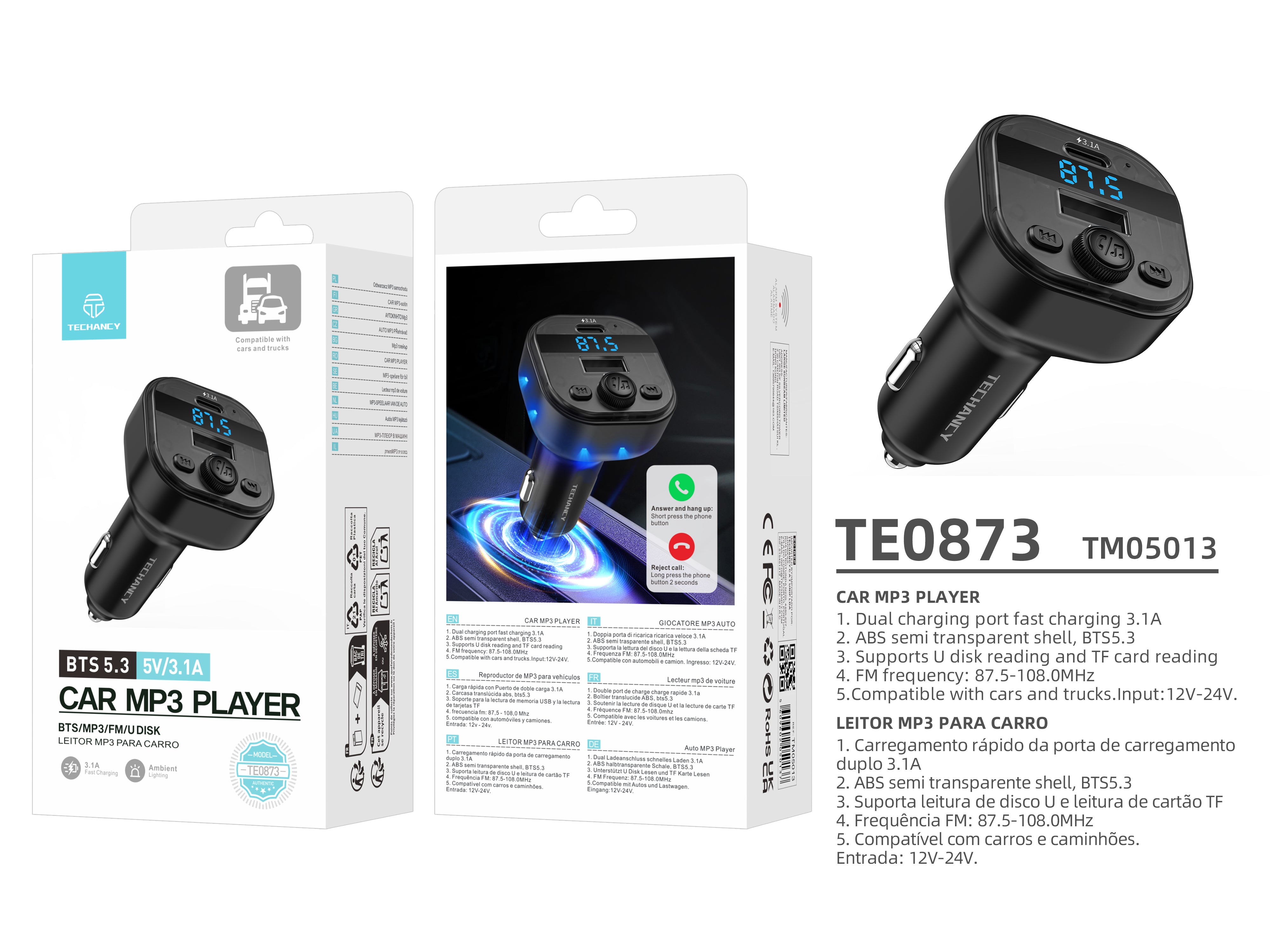 Techancy Leitor MP3 para Carro TE0873, Dupla Porta USB 3.1A, FM, U Disk, TF Card, Compativel 12V-24V Carros e Caminhoes