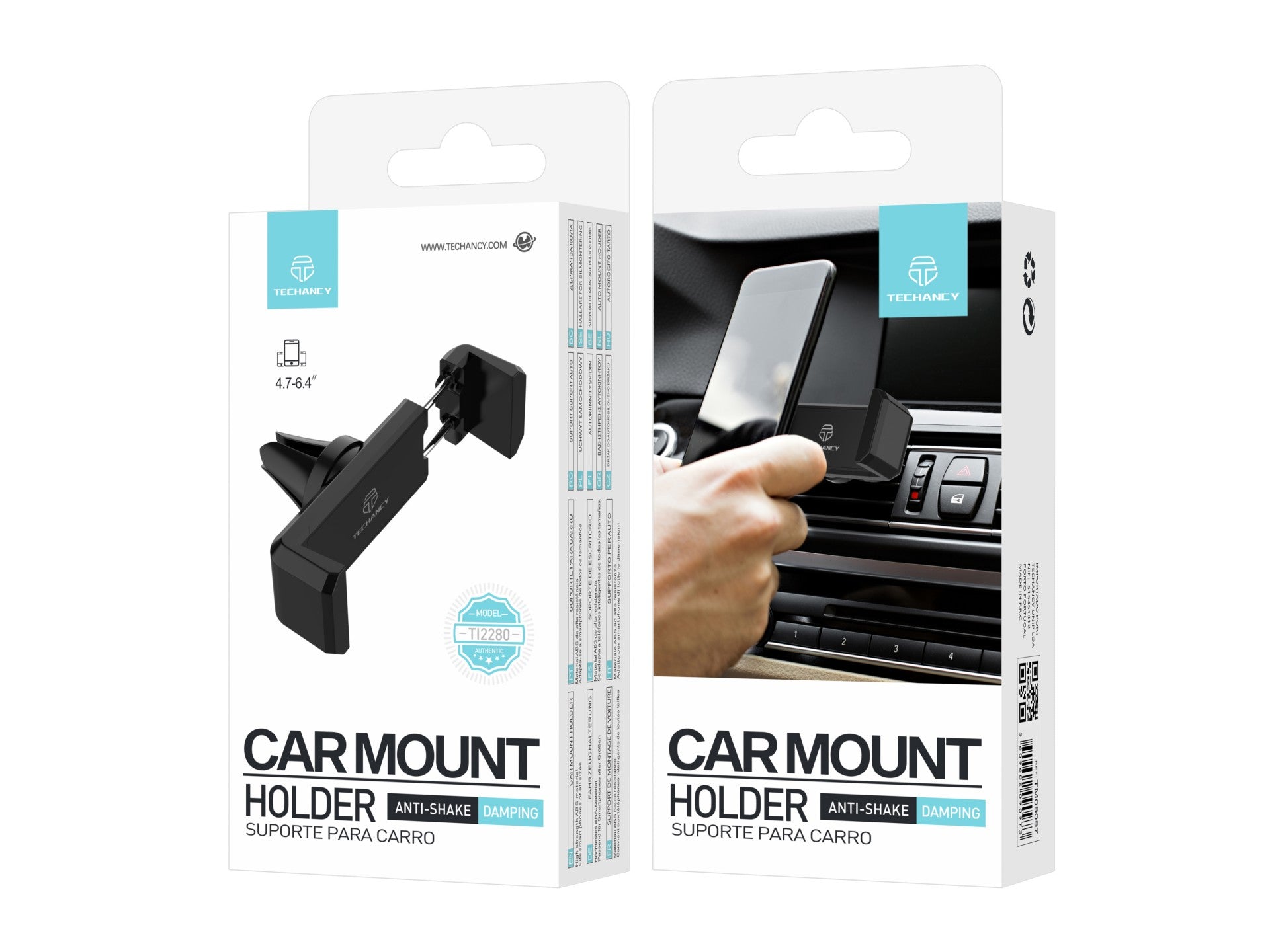 Techancy Ti2280 Car Phone Holder, Black, Anti-Vibration, For 4.7-6.4 Inch Devices, ABS Material