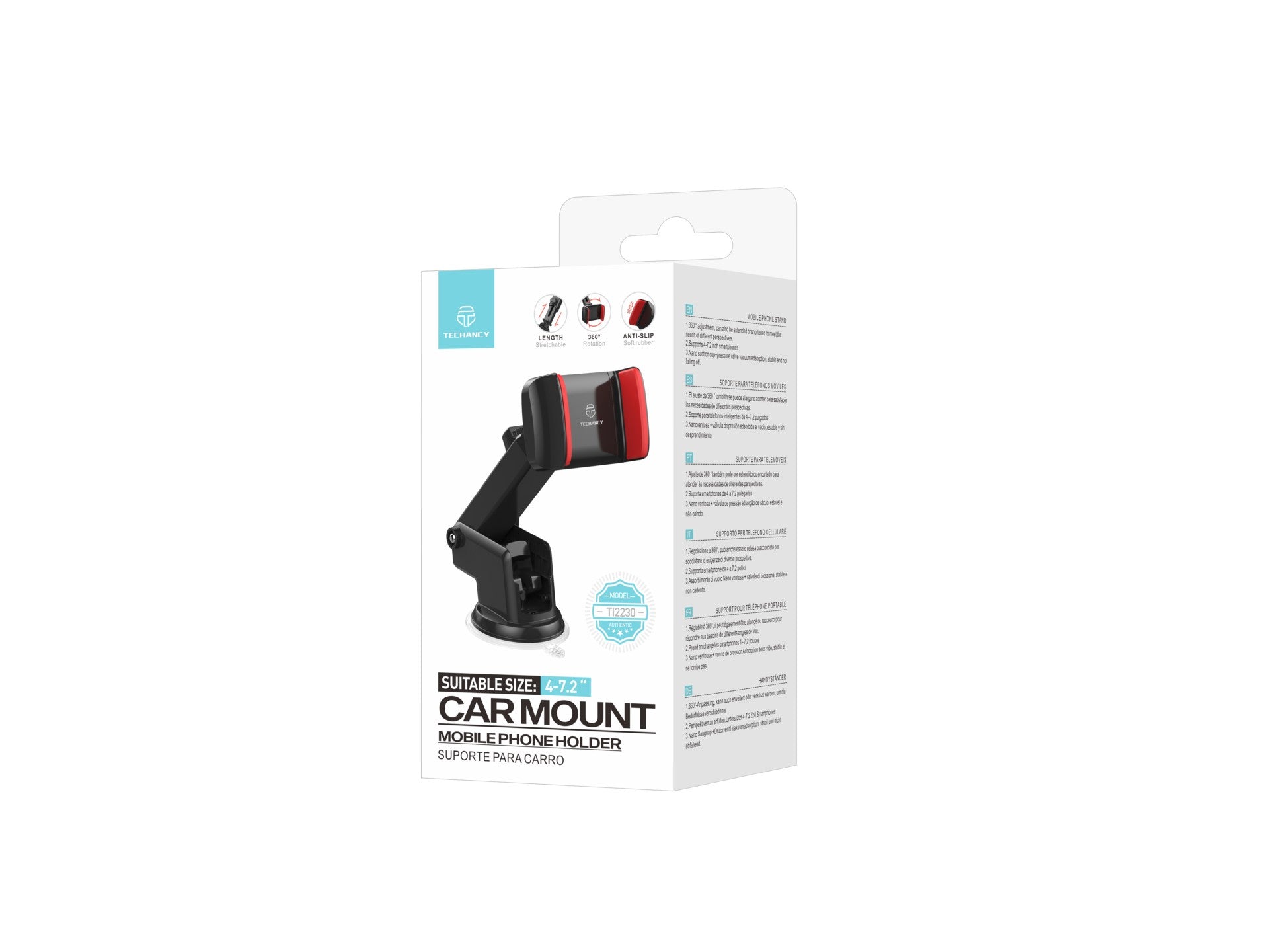 Techancy Suporte Para Telemóvel Para Automóvel Preto+Vermelho Ti2230 , Suporte Retrátil, Ventosa Antiderrapante, 4-7,2 Polegadas