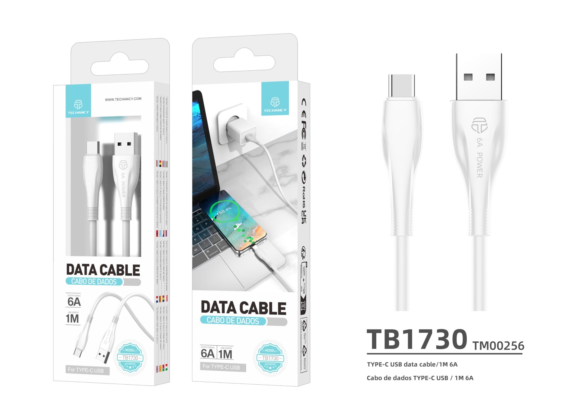 Cable de datos de carga superrápida Techancy 6A blanco TB1730, puerto USB tipo C, 1 m de largo, carga rápida