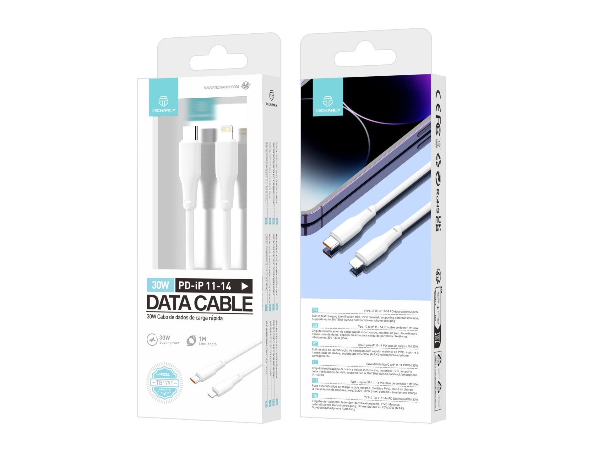 Techancy Cabo De Dados Pd 30w Branco 1m, TB1791, Usb C-Ipx/11/12-14 De Alta Potência, Compatível Com Tablet E Telemóvel