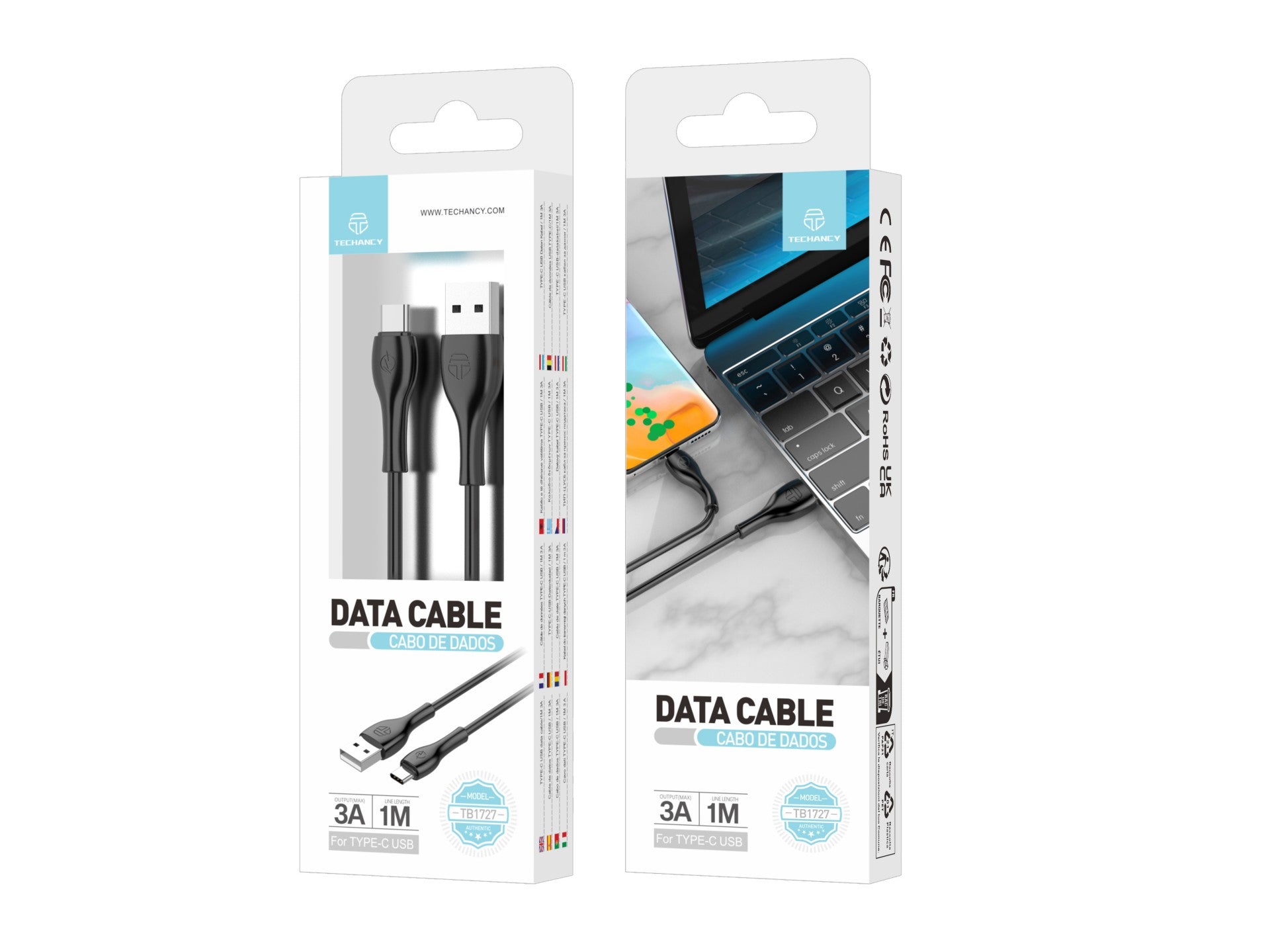 Techancy Cabo De Dados Rápido 3a TB1727, Conetor Usb-Tipo-c, 1 Metro De Comprimento Para Transferência De Dados, Preto