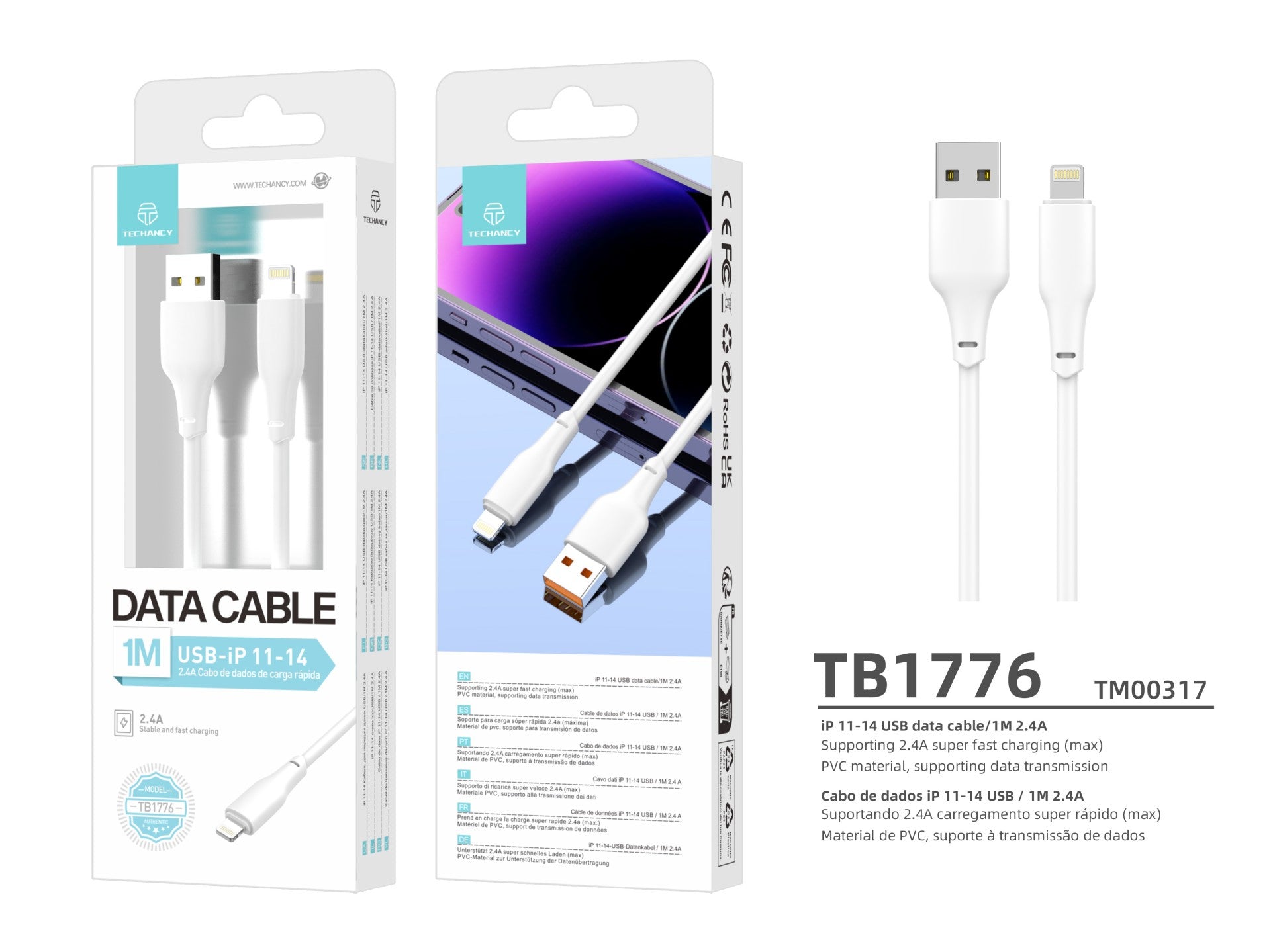 Techancy USB-Lightning Cable White 1m TB1776, Fast Charging 2.4a, Supports Data Transmission, PVC Material