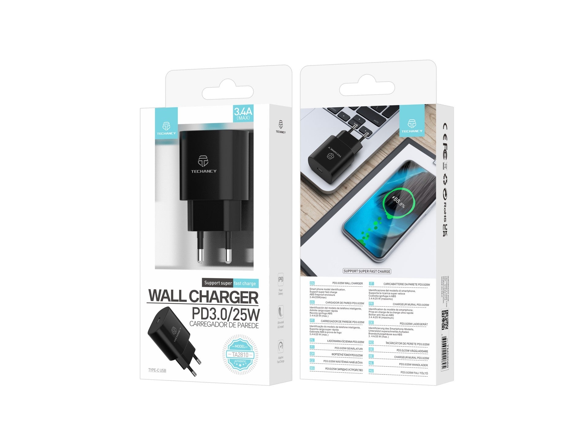 Techancy 25W PD3.0 Charger TA2810, 3.4A Fast Charging, Built-in Smart Chip, Black