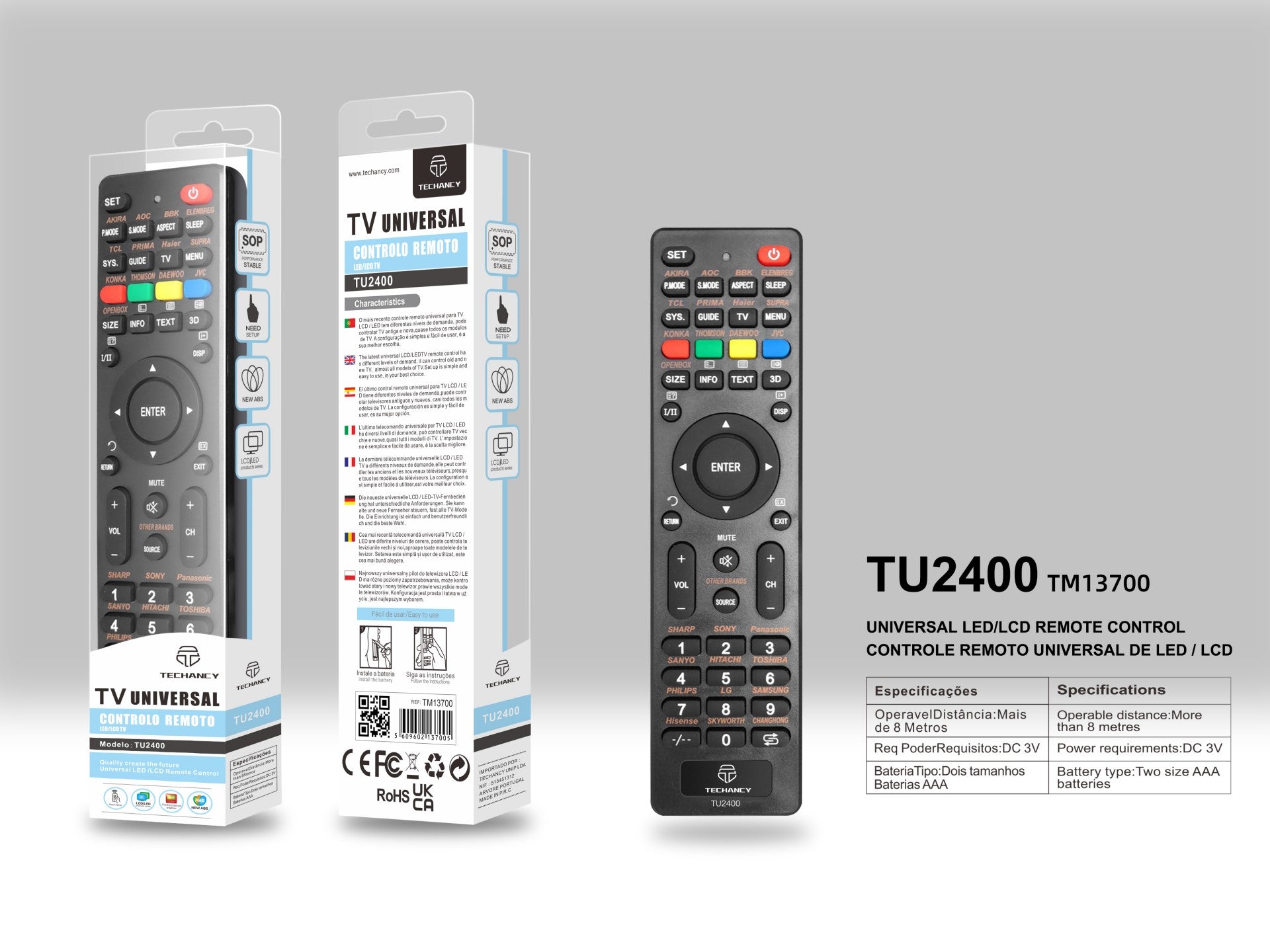 Techancy Controlo Remoto Universal Para Tv TU2400, Ligação De Configuração Simples, Compatível Com Televisores Led/Lcd Novos E Antigos