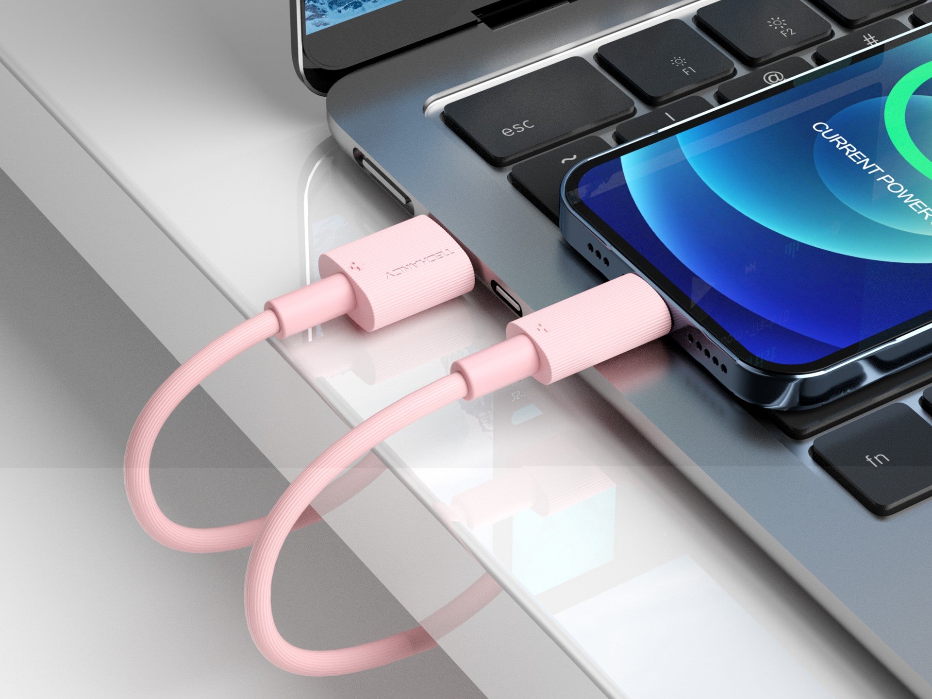 Cable de datos USB-Lightning Techancy rosa TB1768, longitud 1 m, admite corriente de 3 A y transferencia de datos de 480 Mbps.