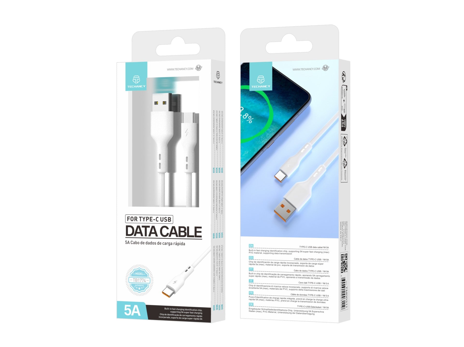 Techancy Fast Charge Cabo de Dados Usb-Type-C TB1774, 1m, 5a Super Fast Charge, Transferência De Dados, Branco