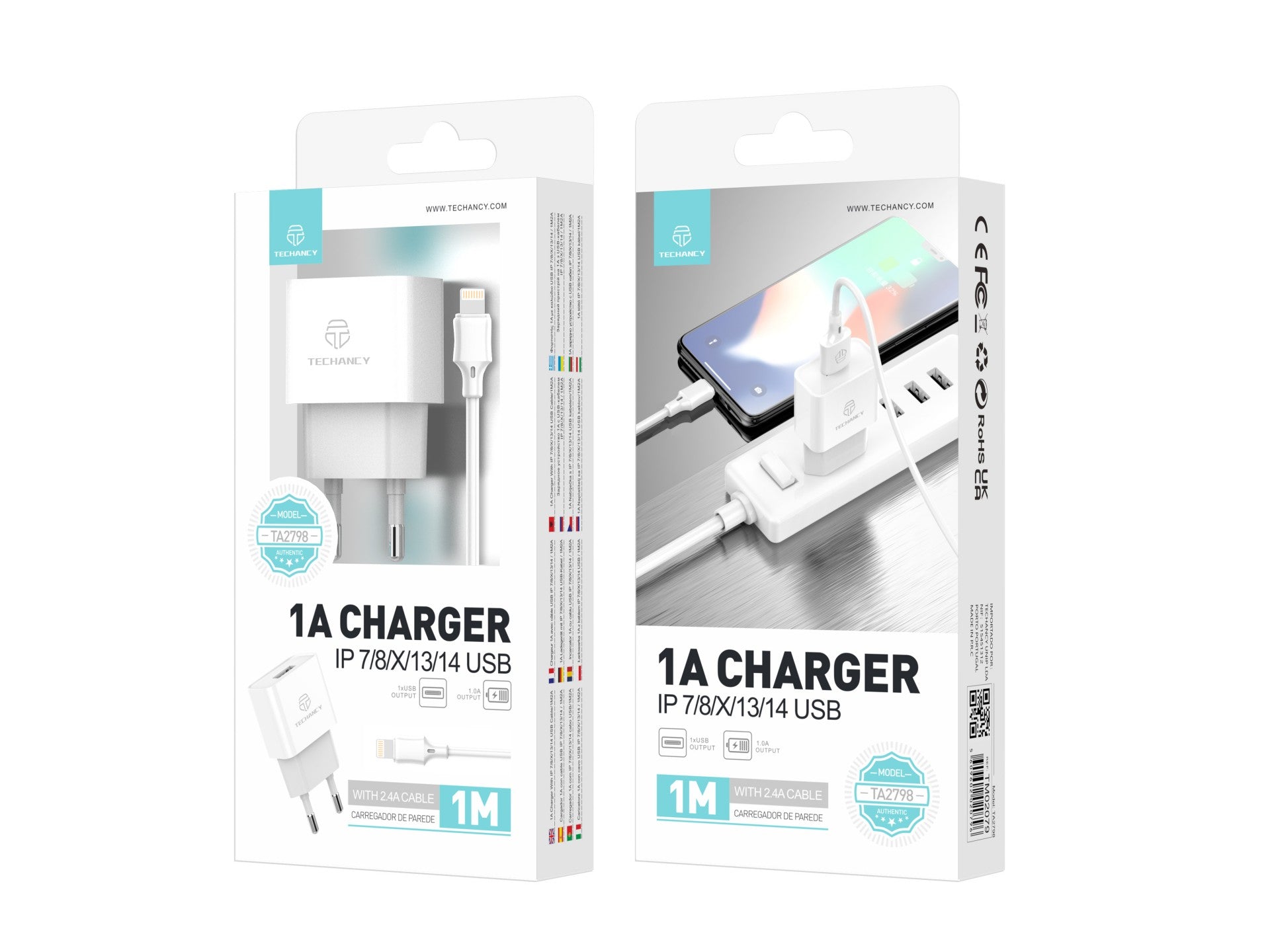 Cargador USB para teléfono móvil Techancy TA2776, color blanco, carga estable de 5 V a 1 A, con cable USB-Lightning de 1 m.
