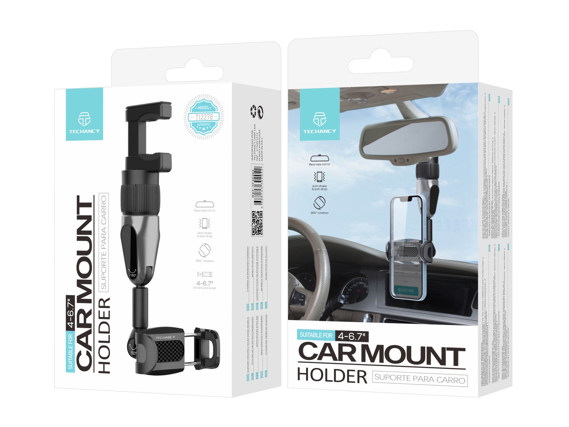 Techancy Mobile Phone Holder, TI2278, Supports 360° Angle Adjustment, Installs on Car Rearview Mirror, Black
