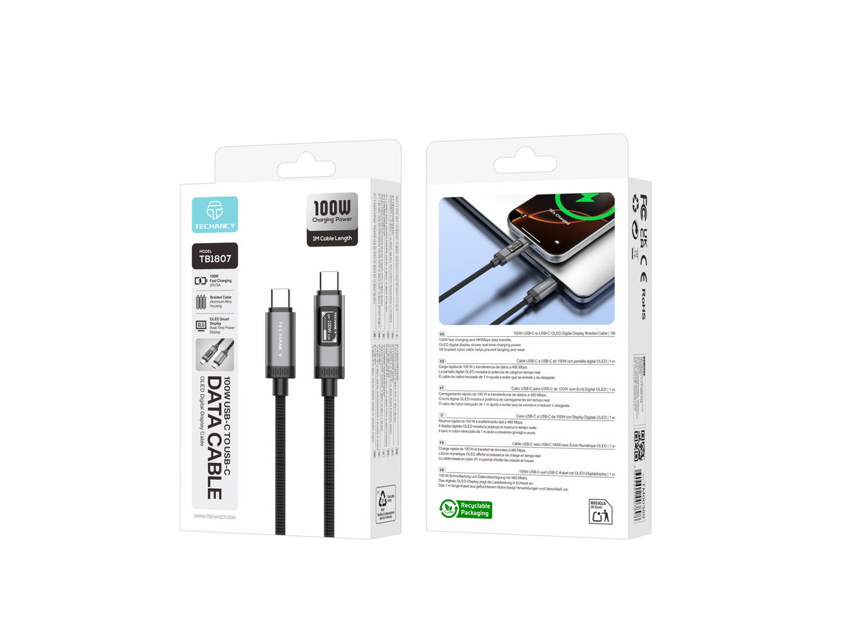 Cabo USB-C para USB-C 100W TECHANCY TB1807, 1 m, Ecra Digital OLED, Nylon Entrancado, Dados 480 Mbps, Preto