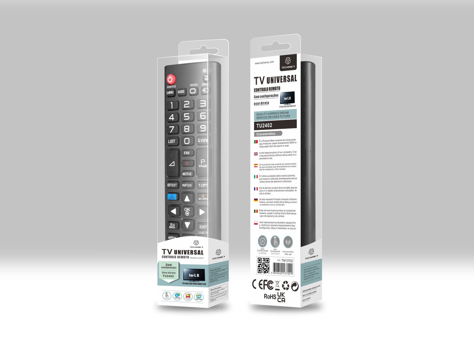 Techancy Controlo Remoto Do Televisor  TU2402, Alcance Sem Fios De 8m, Compatível Com Televisores Lg, Ligação Auto-Adaptável