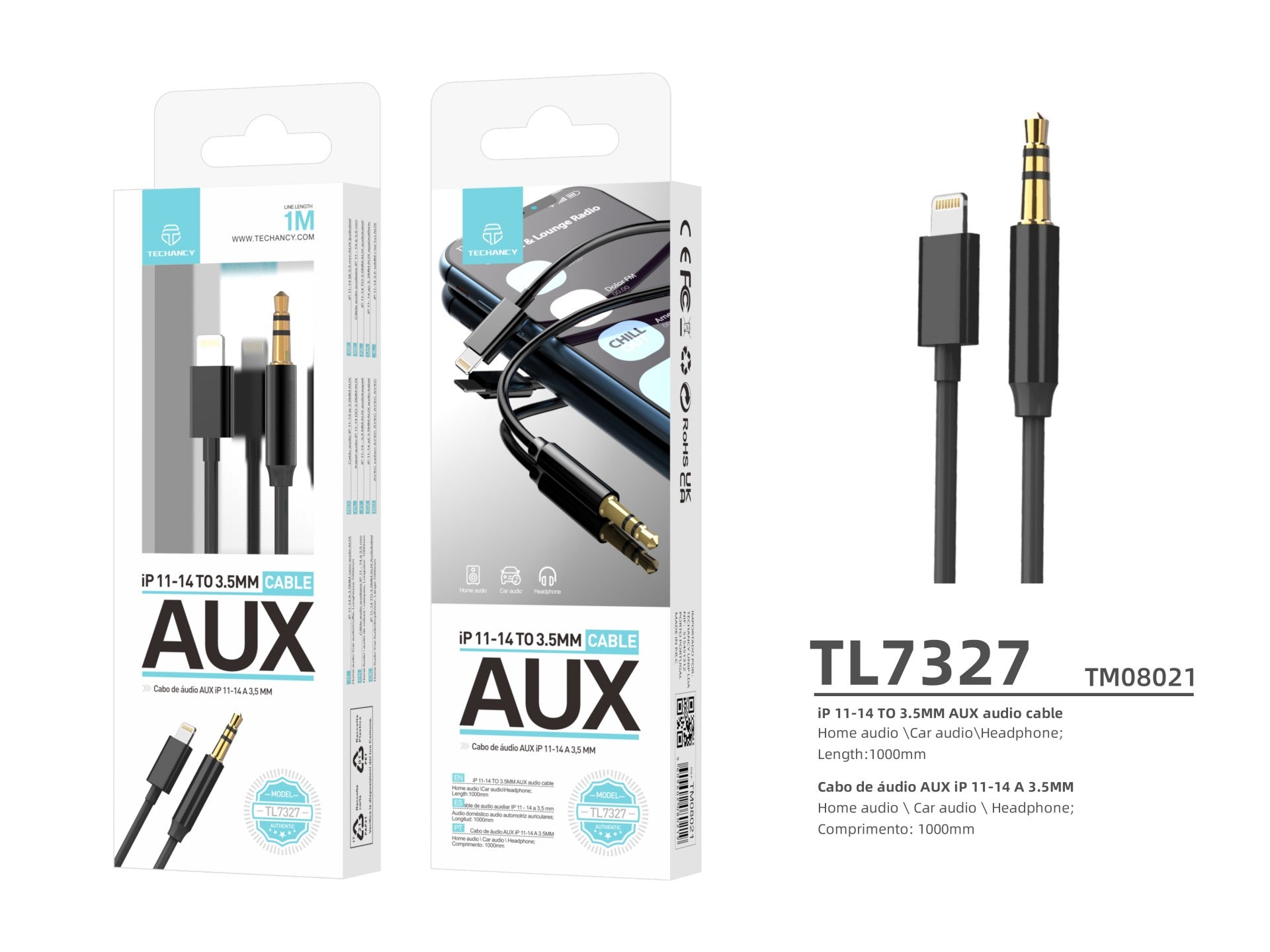 Cable Lightning a AUX de 3,5 mm Techancy TL7327, longitud de 1 m, ideal para audio de coche, audio doméstico y auriculares, compatible con iPhone 11-14