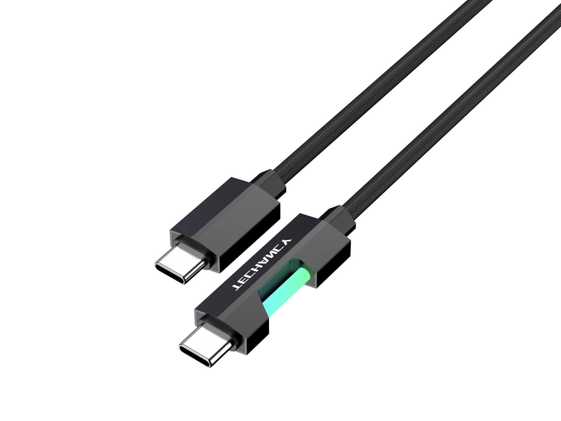 Techancy Cabo De Dados Usb-C Para Usb-C TB1797, 1m/60w Com Luz Rgb, Cabo Entrançado De Alumínio, Preto