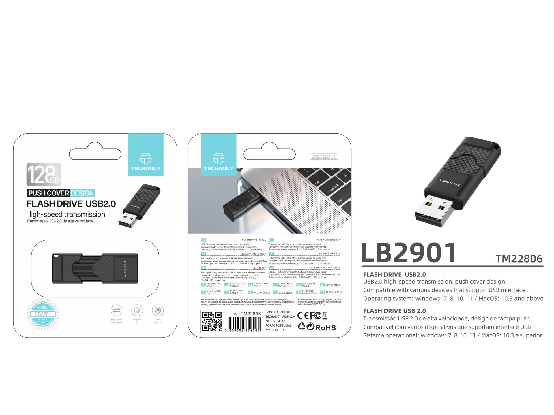 Techancy USB Flash Drive 128GB Preto LB2901, Usb 2.0, Compatível com PC/Mobile/Mac, Armazenamento seguro de ficheiros