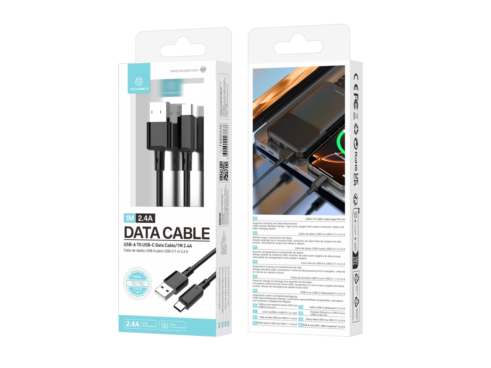 Techancy Cabo USB A para USB C TB1782 1m 2.4A Carregamento rapido e dados para Android Telemovel Tablet Preto