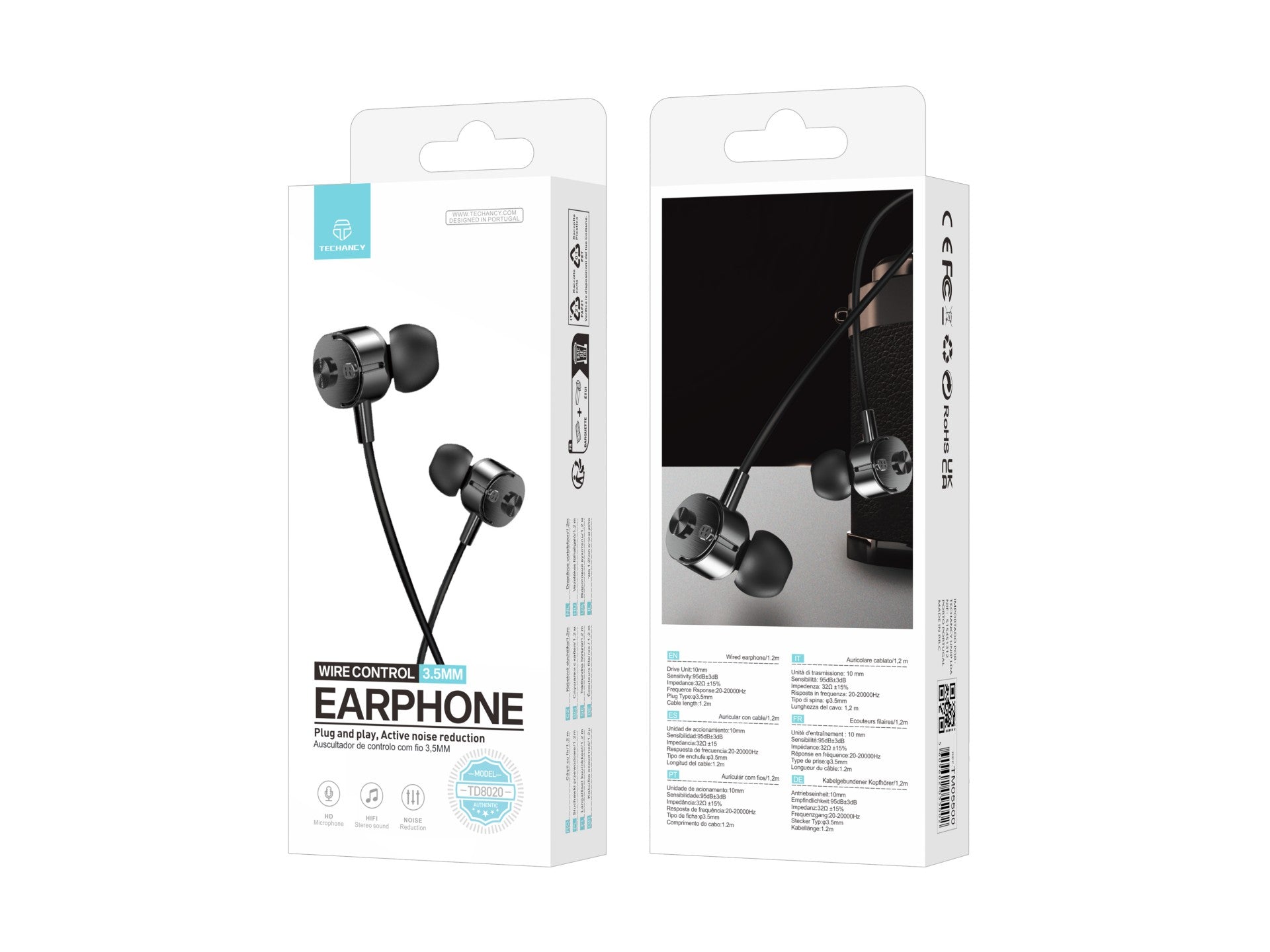Techancy TD8020 Wired Headset, 3.5mm Plug, In-Line Control, HD Microphone, 1.2m Cable, Black