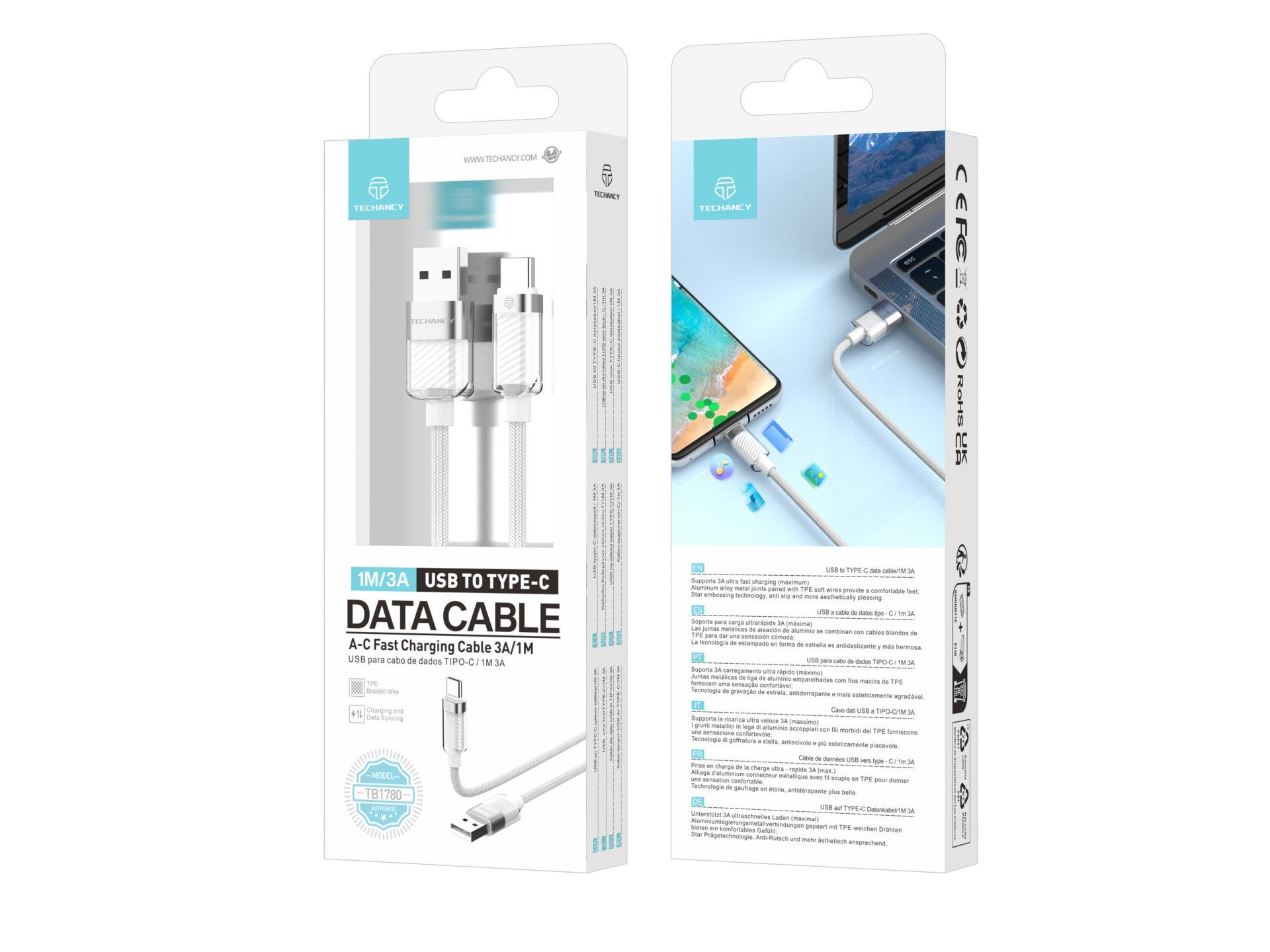 Techancy Cabo De Dados Usb Type-C 1m/3A Branco TV1780 Para Carregamento Rápido De Smartphones, Tablets E Computadores Portáteis