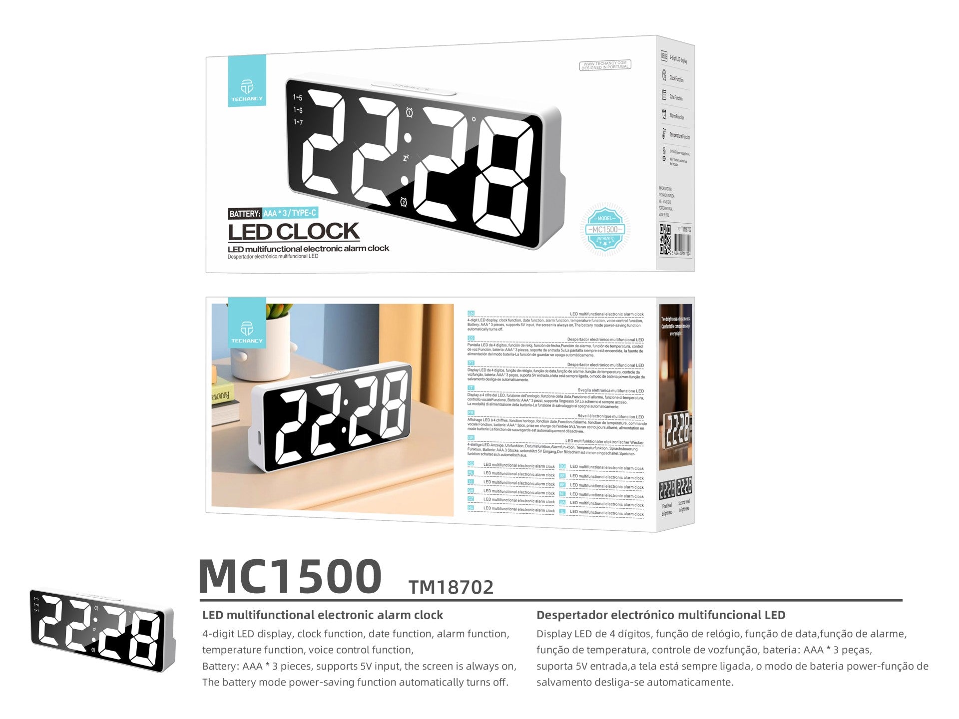 Techancy Despertador Led Multifunções Branco MC1500 Com Relógio, Data, Alarme, Ecrã De Temperatura E Controlo Por Voz