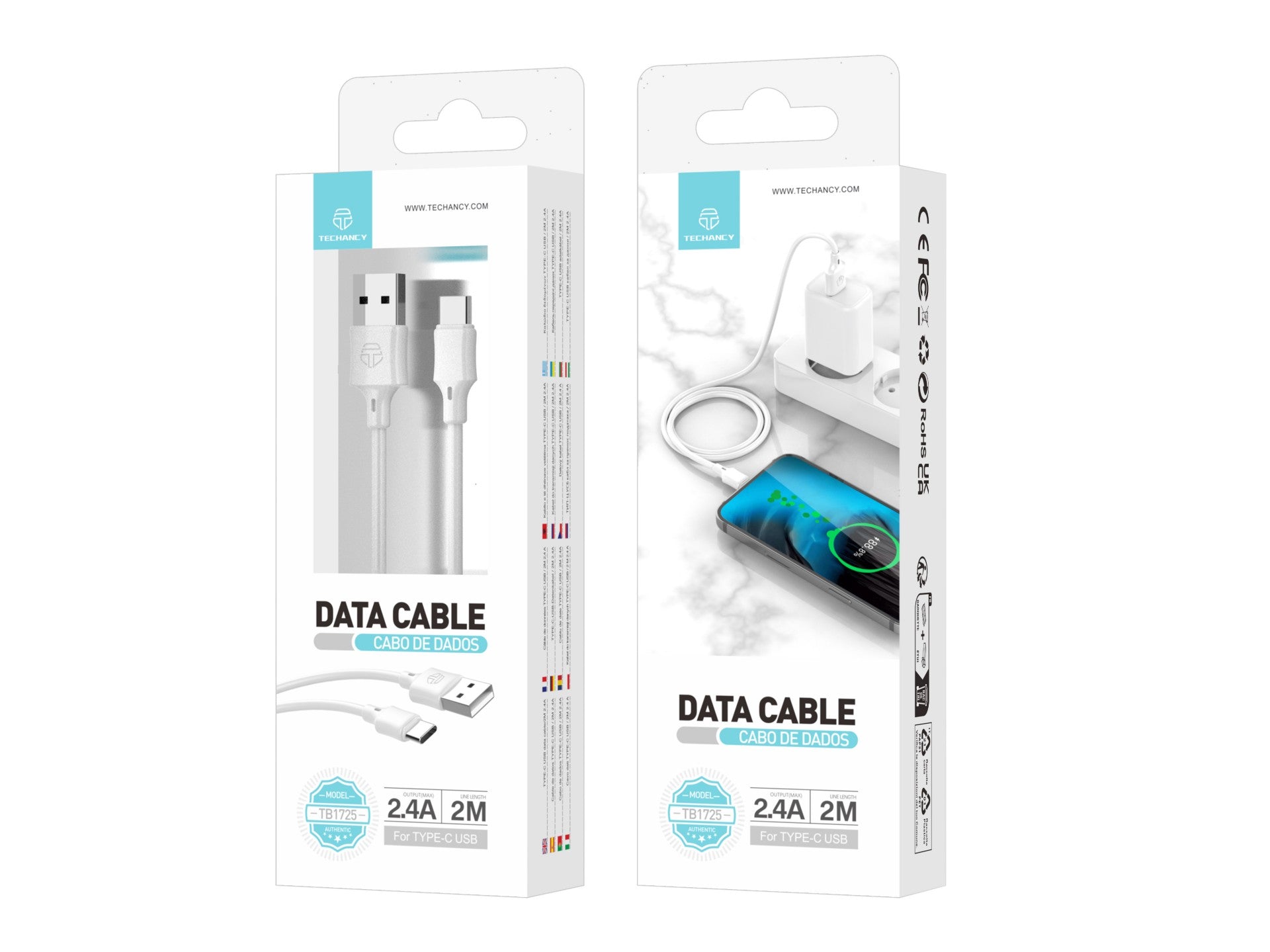 Cable de datos USB tipo C Techancy blanco TB1725, 2 m de largo, carga de 2,4 A, compatible con teléfonos móviles tipo C