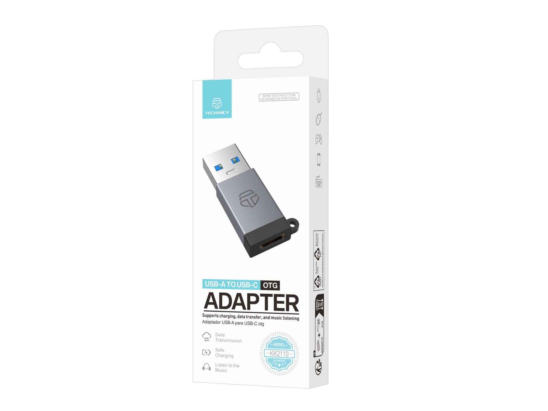 Adaptador OTG USB-A a USB-C Techancy KK2110, aleación de aluminio, compatible con transferencia de datos y carga.