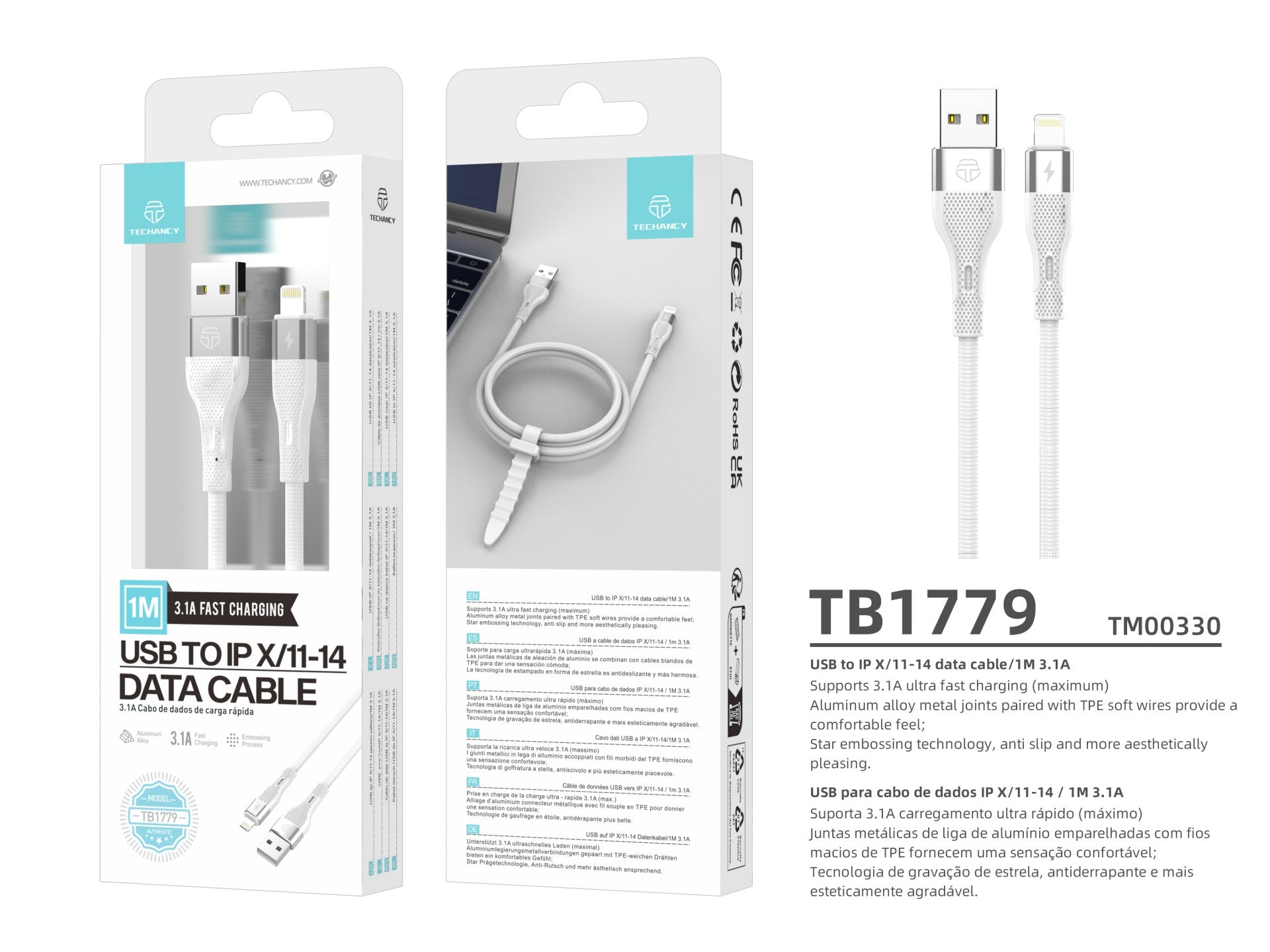 Techancy Cabo De Dados Usb Lightning Branco TB1779, Carregamento Rápido De 3,1 A, Suporte Para Transferência De Dados De 480 Mbps