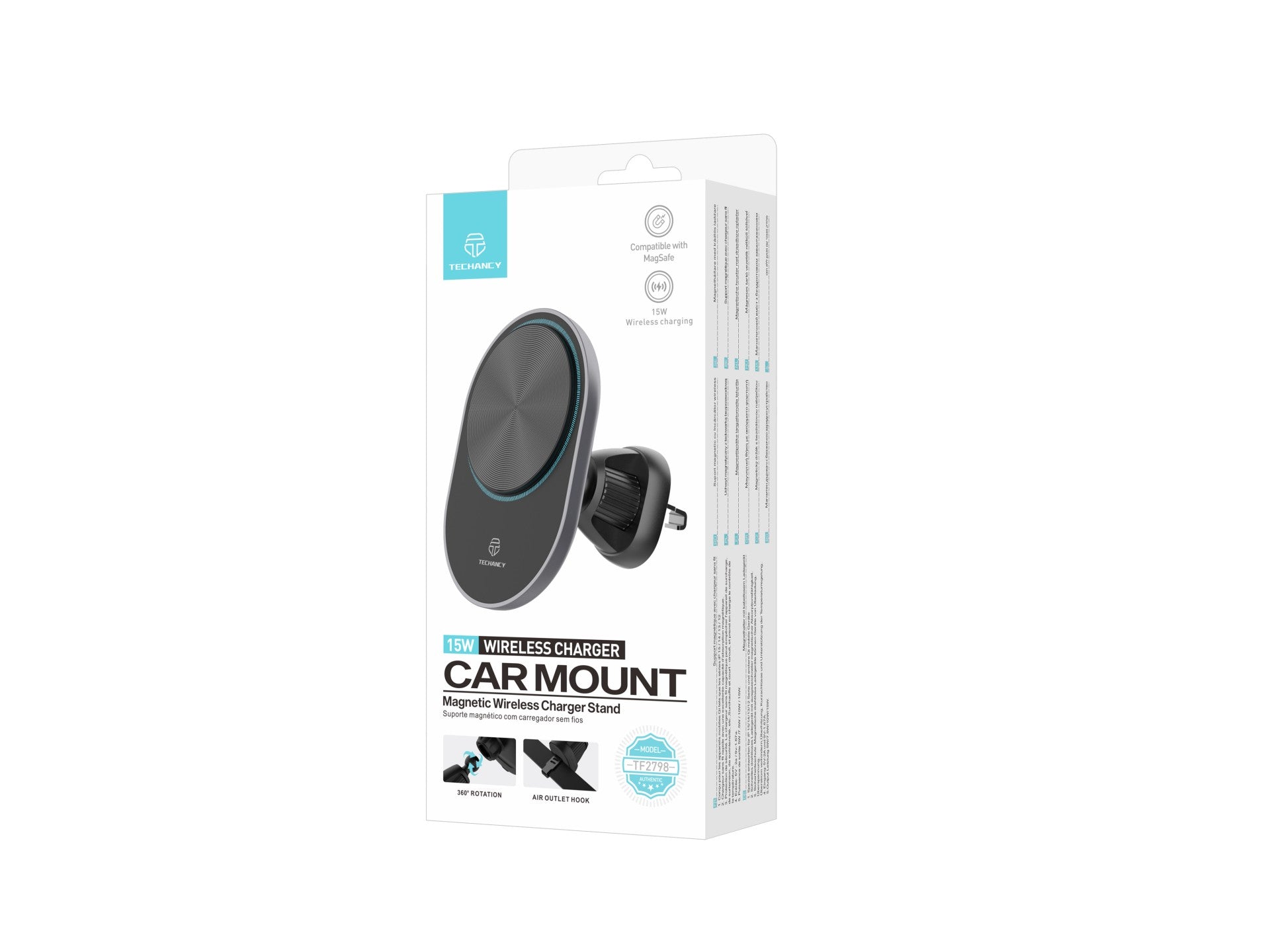 Techancy Magnetic Phone Holder with Wireless Charger TF2798 Black, MagSafe Compatible, 15W Wireless Charging