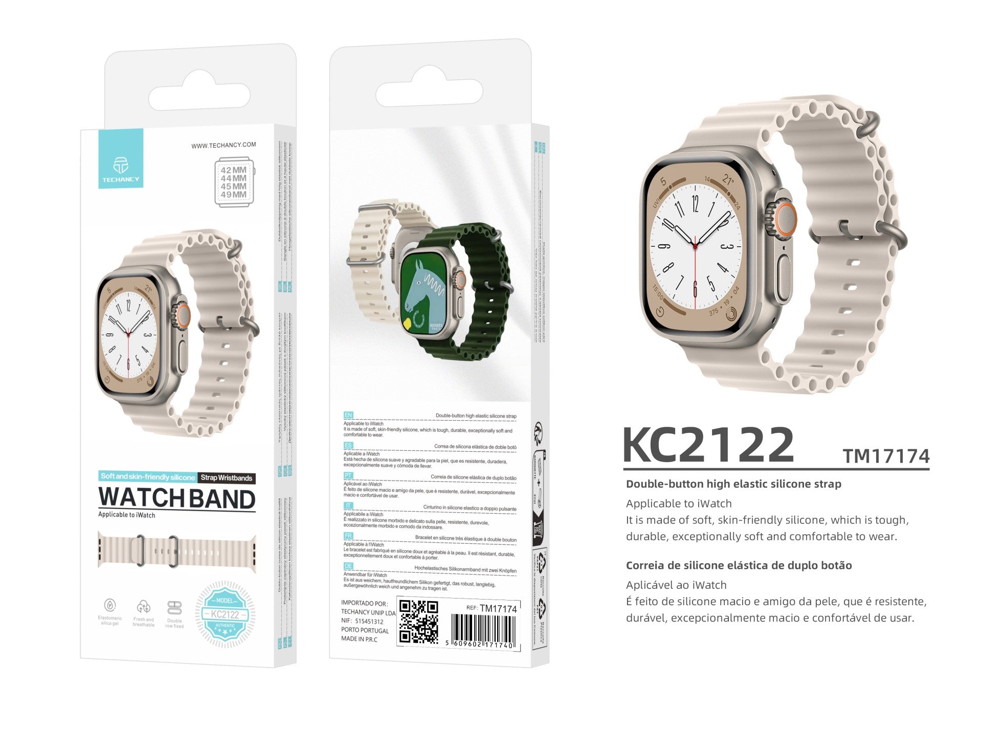 Correa de silicona blanca Techancy KC2122, compatible con Apple Watch de 42 mm, 44 mm, 45 mm y 49 mm, de silicona suave.