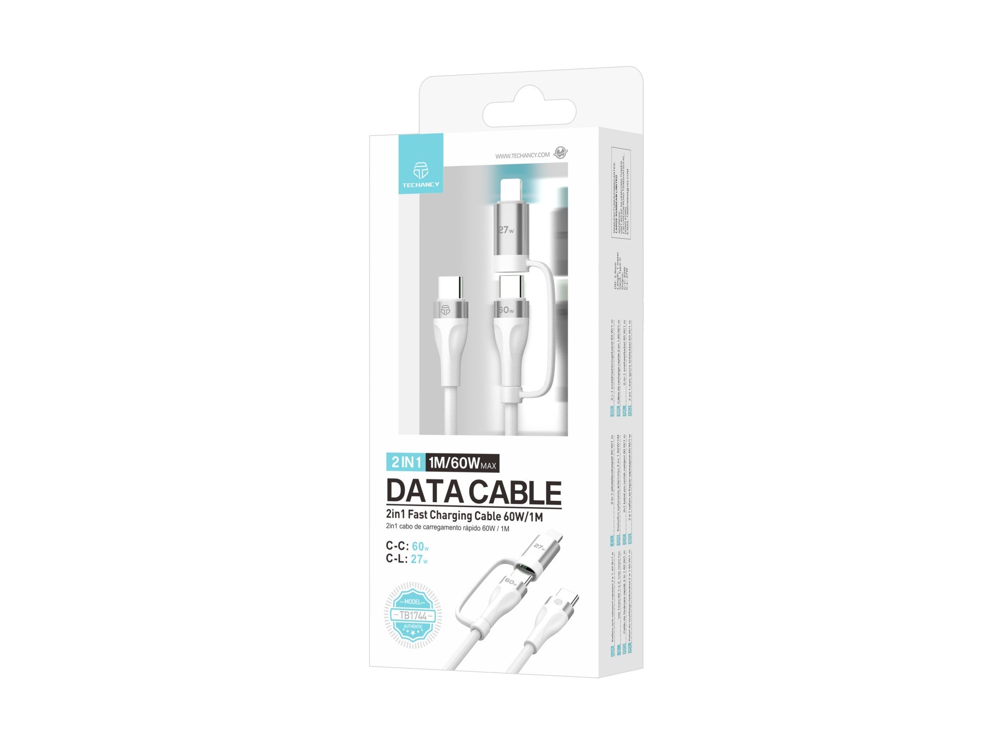 Techancy Cabo de carregamento rápido 2 em 1 TB1744 1m USB-C para USB-C 60W e USB-C para Lightning 27W cabo durável para vários dispositivos