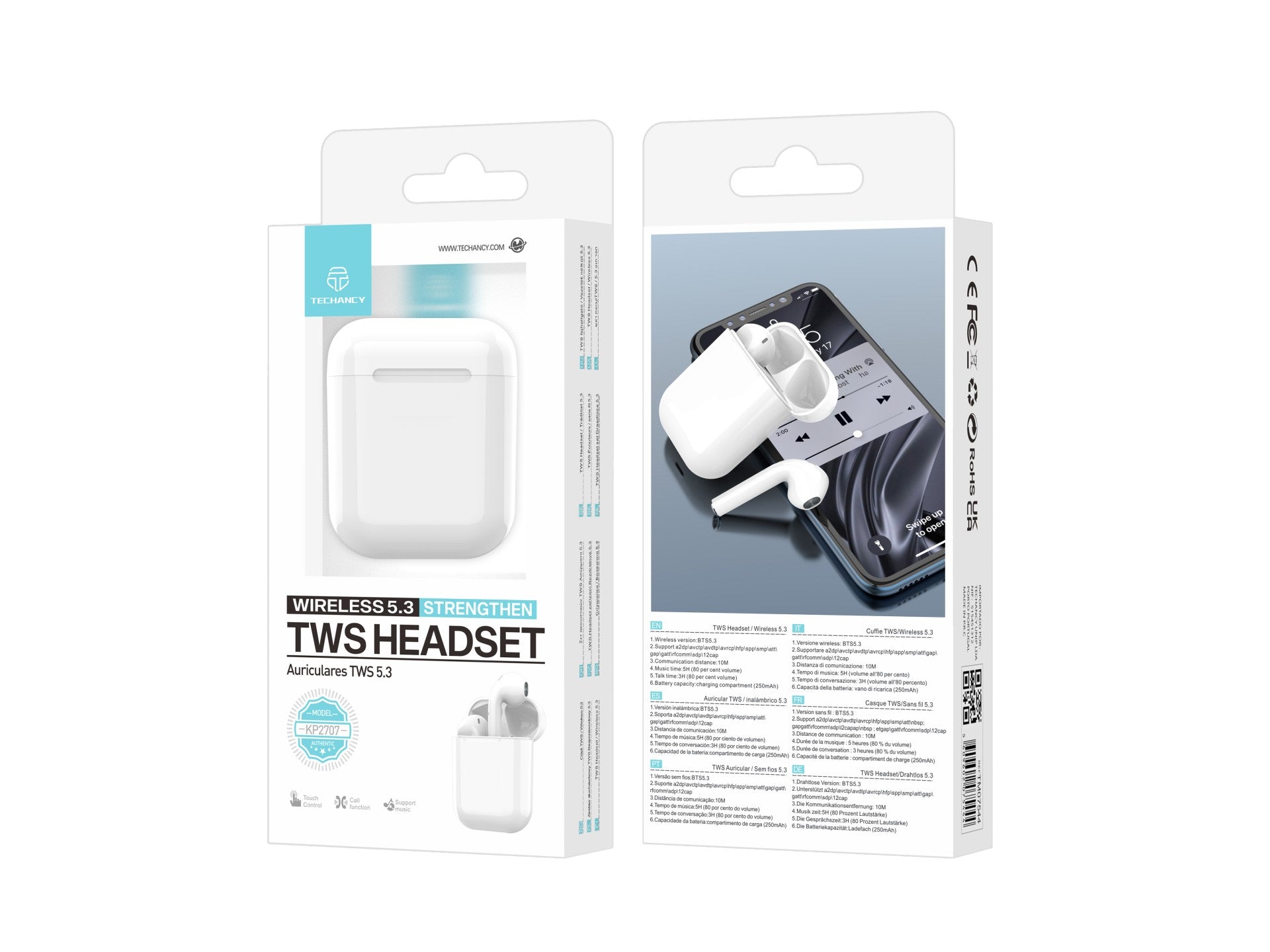 Auriculares inalámbricos Techancy TWS blancos KP2707, Bluetooth 5.3, estéreo con conversación y reproducción de música de 5 h.