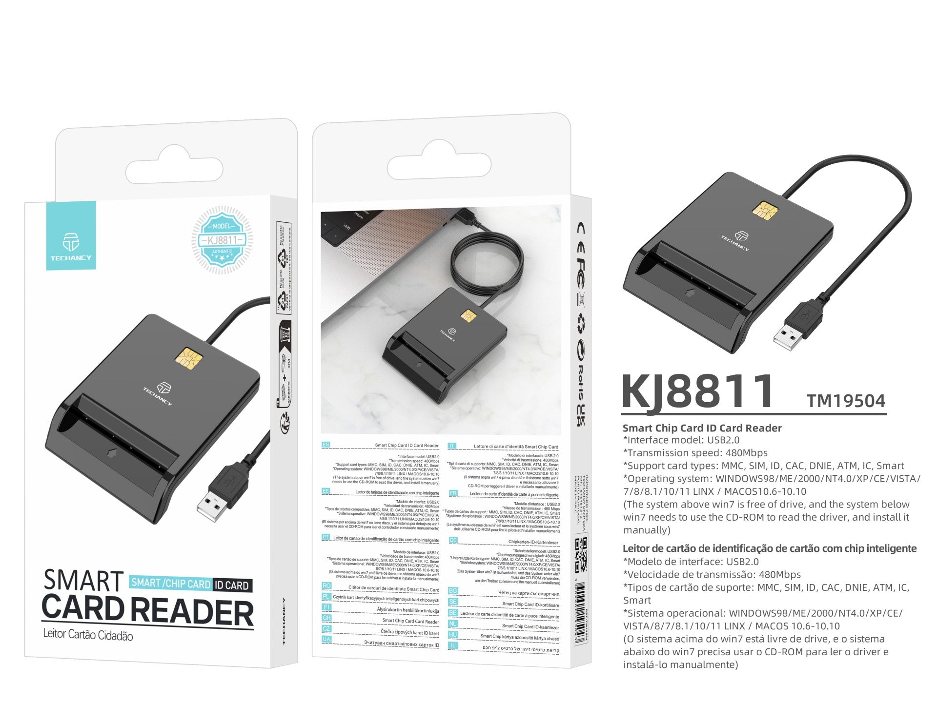 Lector de chip inteligente Techancy KJ8811, USB 2.0, 480 Mbps, compatible con una amplia gama de tarjetas y sistemas