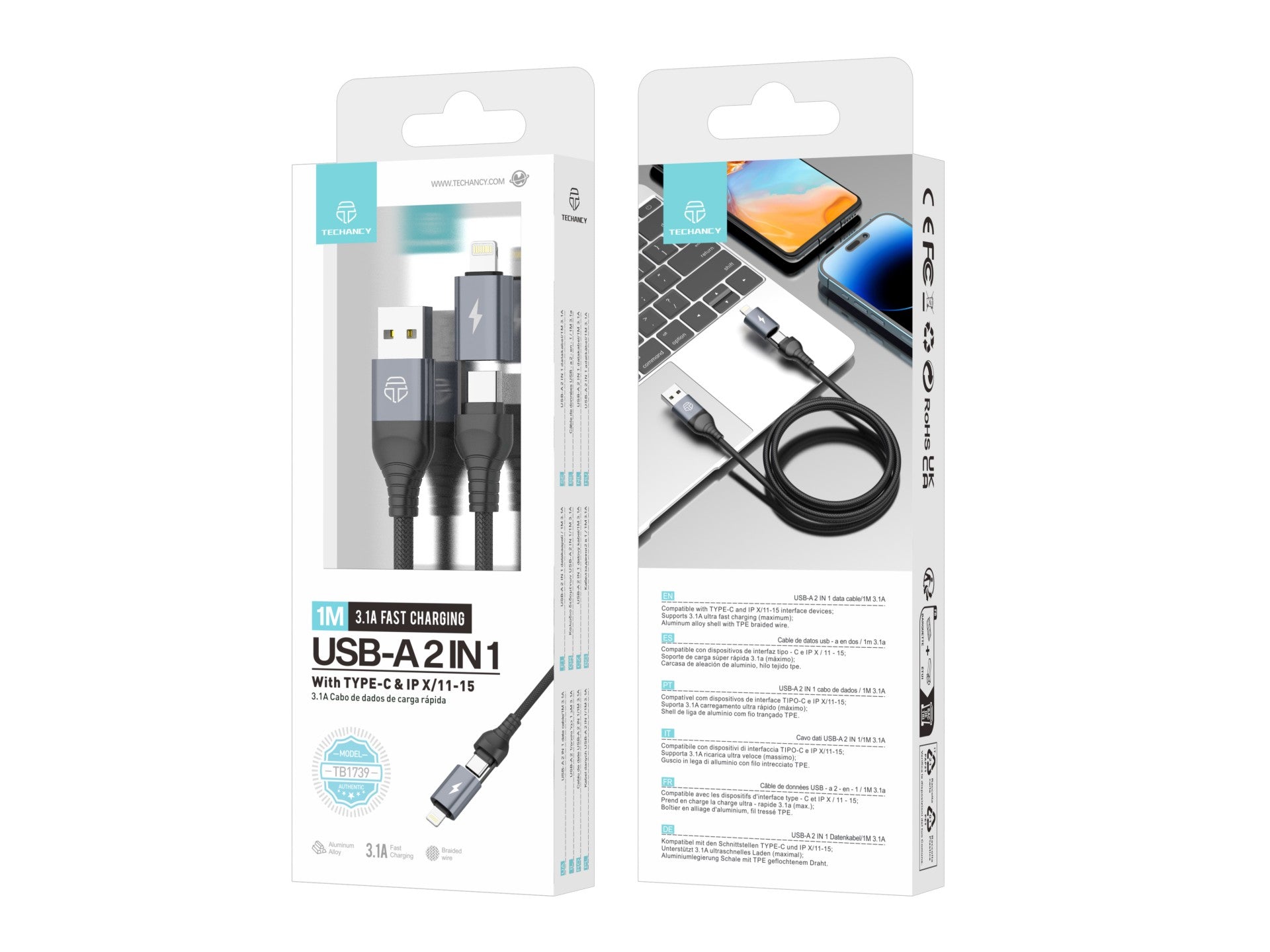 Techancy Cabo De Dados Usb 2 Em 1 Preto TB1739, Carregamento Rápido De 3,1 A, Tipo C/Lightning Em Ambas As Portas