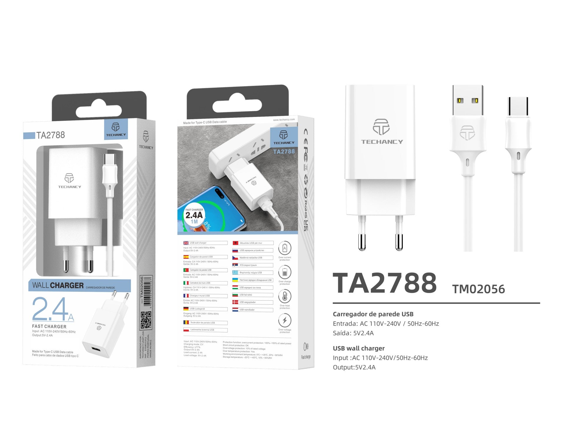 Techancy Carregador De Telemóvel Branco  TA2788, Saída Usb 5v-2.4a Carregamento, Cabo Usb-Tipo C Conjunto De Carregador 1m