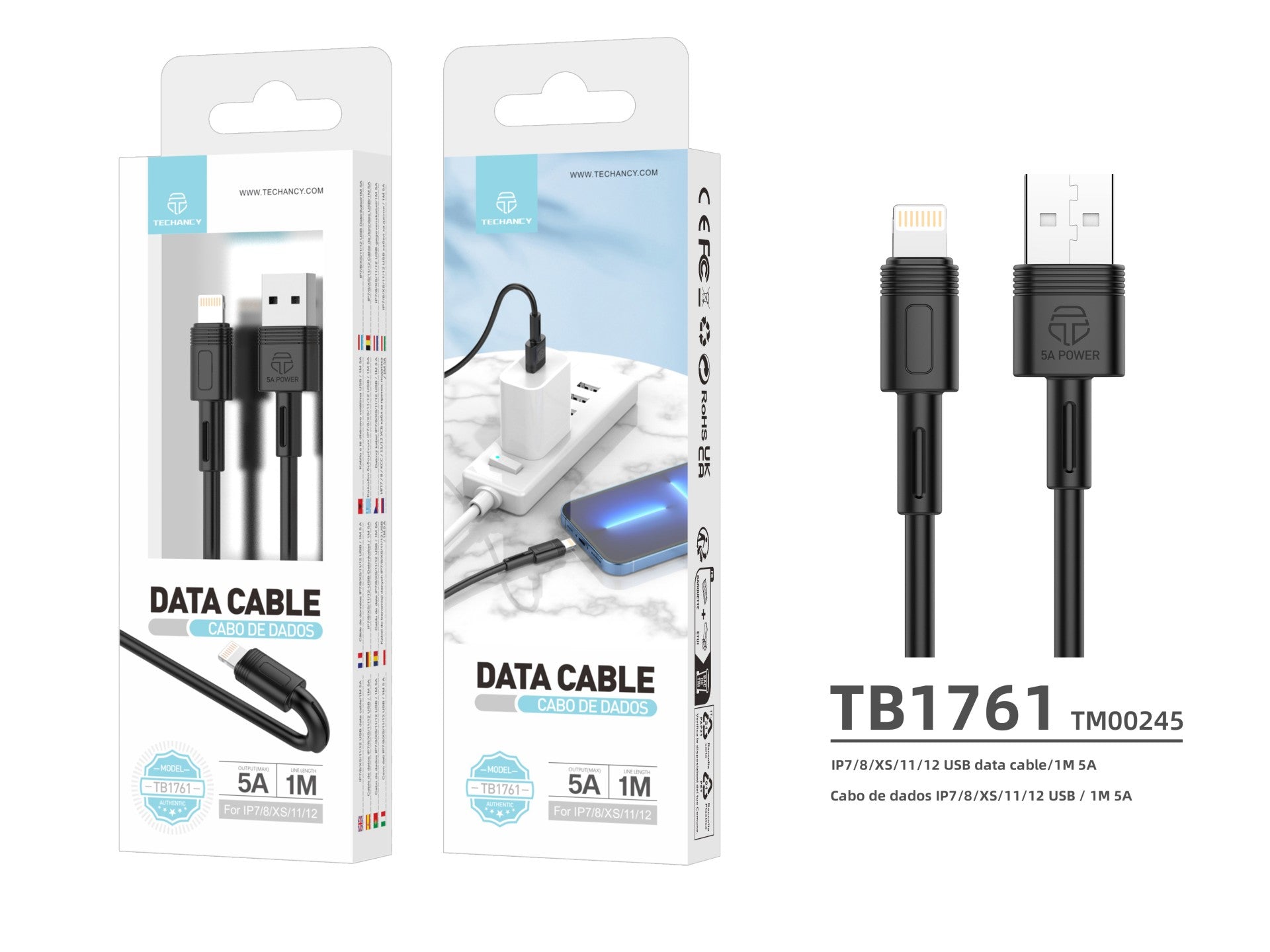 Techancy Cabo De Dados De Carregamento Rápido 5A 1m Preto TB1761, Interface Usb-Lightning, Suporta Transferência De Dados.