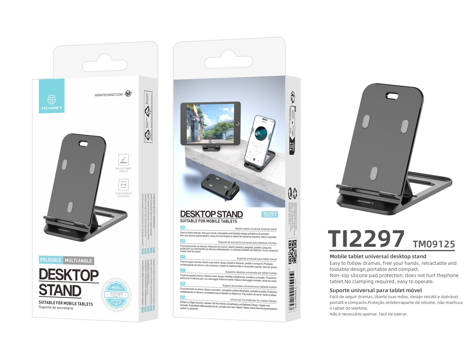 Soporte para teléfono de escritorio Techancy Ti2297, color negro, diseño plegable para dispositivos móviles, tabletas y celulares.