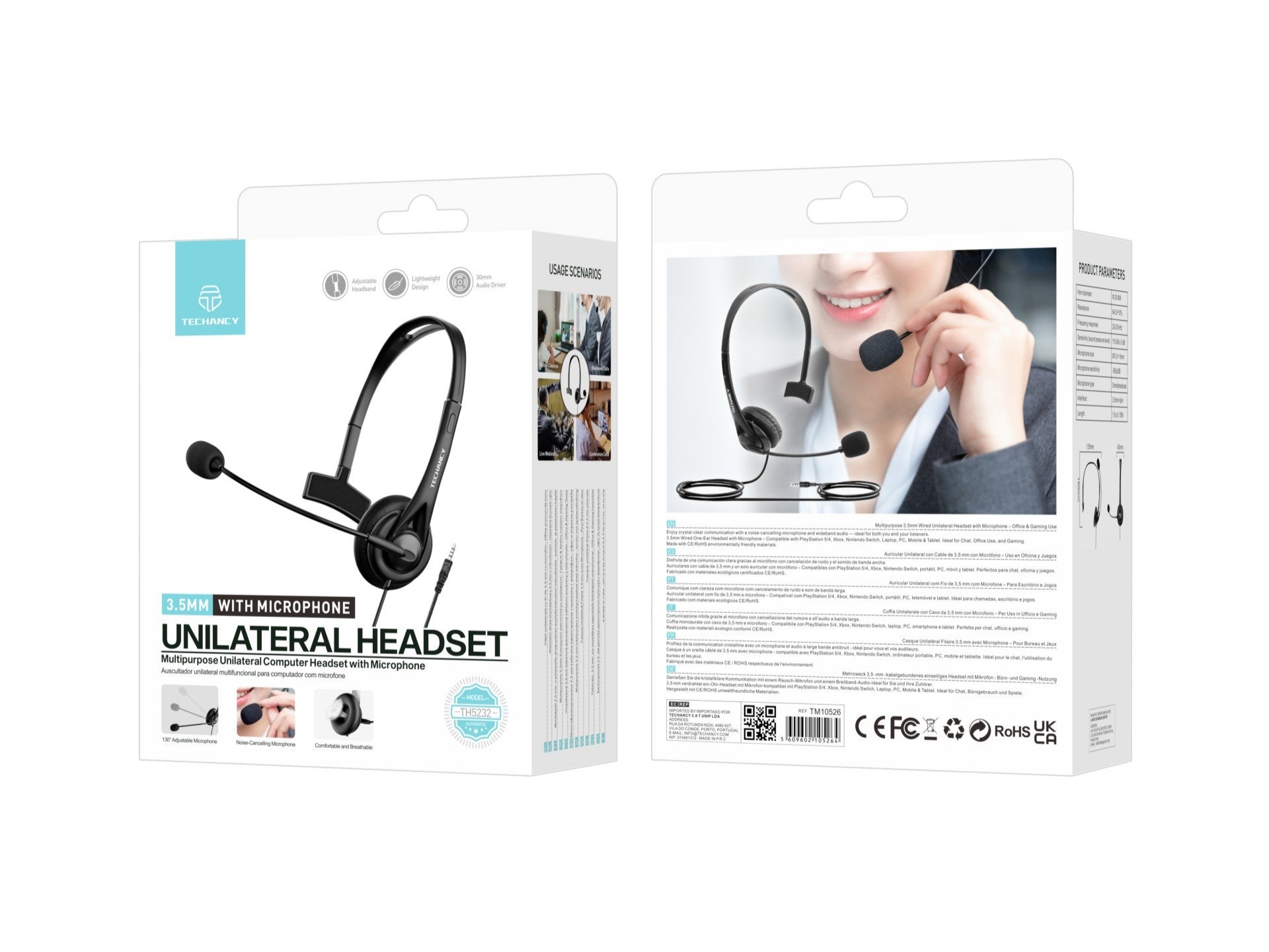Techancy TH5232 Wired 3.5mm One-Handed Headset with Noise-Cancelling Microphone for Call Centers, Offices, Meetings, and Gaming. Compatible with PC, Mobile Phones, and Consoles.