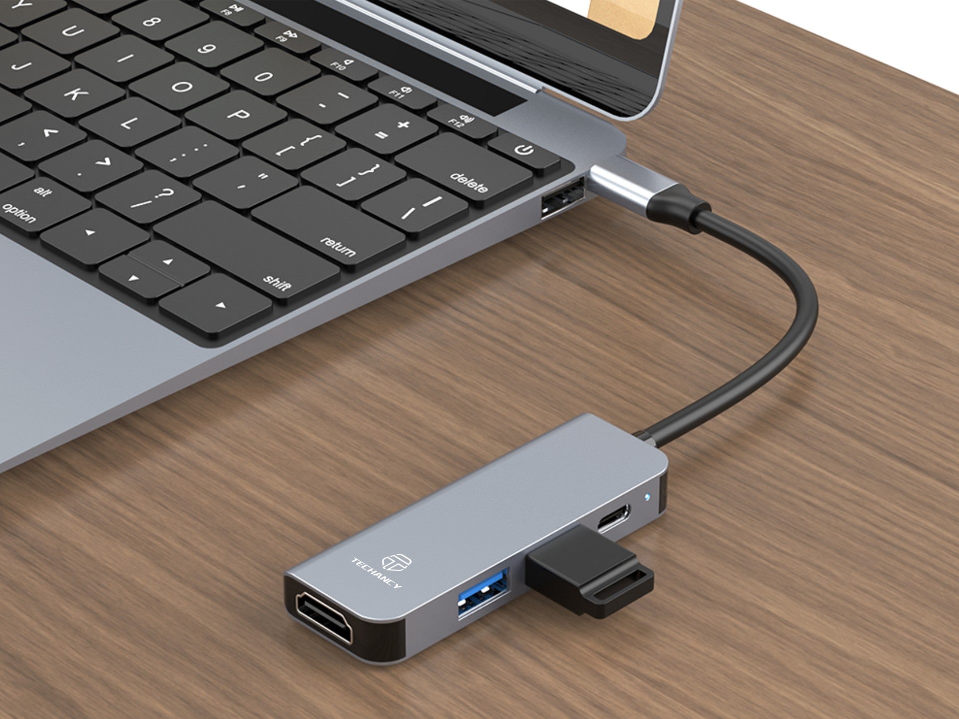 Hub USB-C 4 en 1 Techancy KT2908 con HDTV, PD, USB 3.0 y USB 2.0, compatible con PC y teléfonos móviles, color gris.