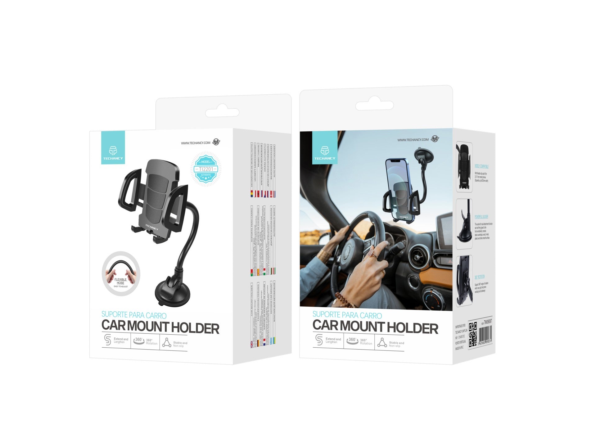 Techancy Ti2201 Car Phone Holder, 360° Rotation, Variable Hose Shape, 4.7-7.2 Inches, Black