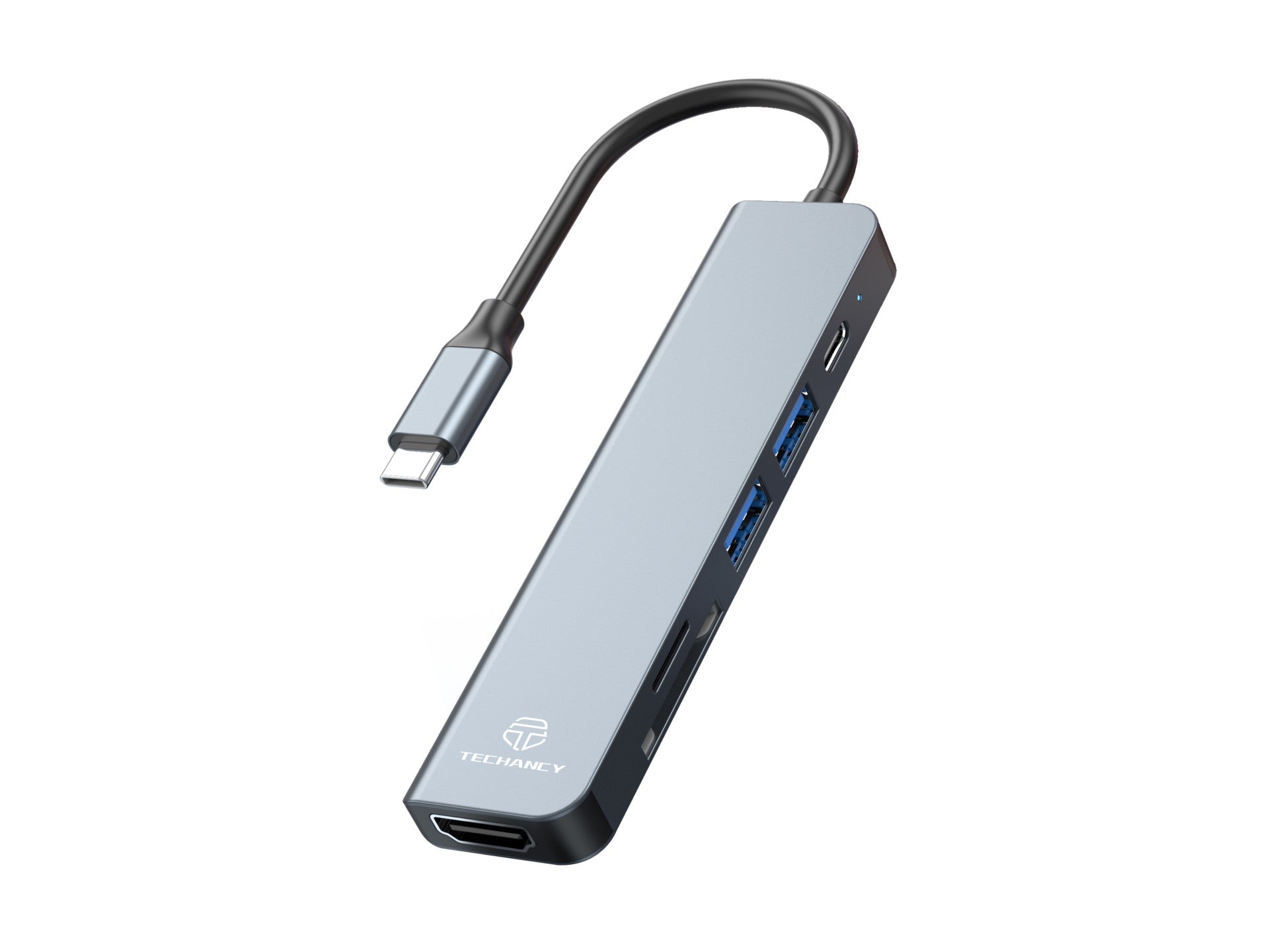 Techancy Hub USB-C 6 em 1 KT2909 com HDTV, PD, USB 3.0/2.0 e Leitor TF/SD, Compativel com PC e Telemovel, Cinzento