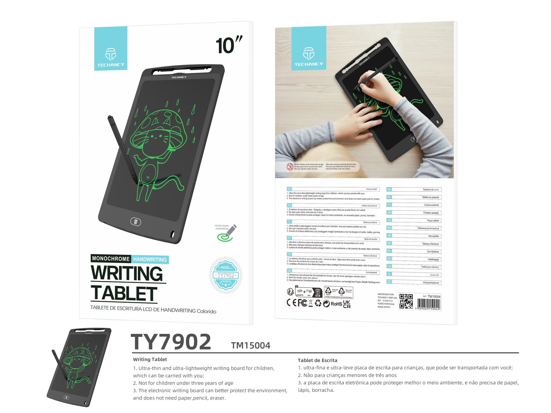 Tableta de dibujo Techancy TY7902 de 10 pulgadas con pantalla LCD, delgada y portátil, borrado con un solo toque, color negro