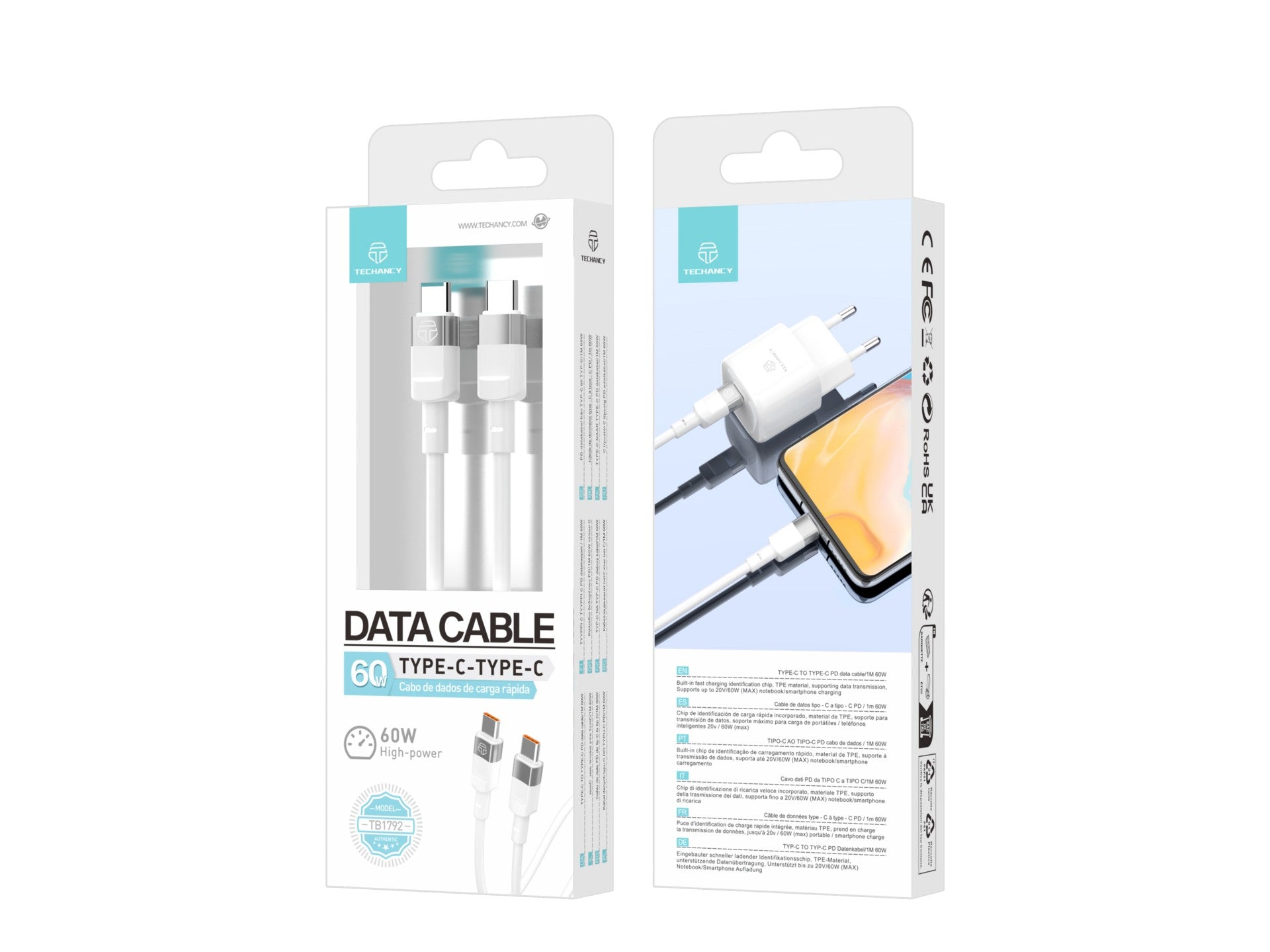 Cable de datos Techancy PD 60W Blanco 1m TB1792, USB C-USB C Admite carga rápida y transferencia de datos,