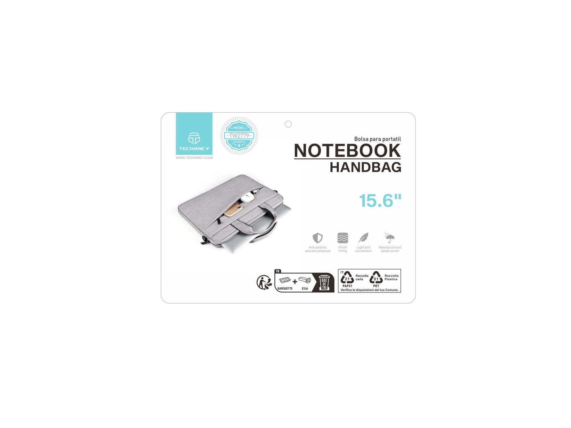Bolsa para portátil Techancy TW2779 de 15,6 pulgadas, color gris, con correa ajustable