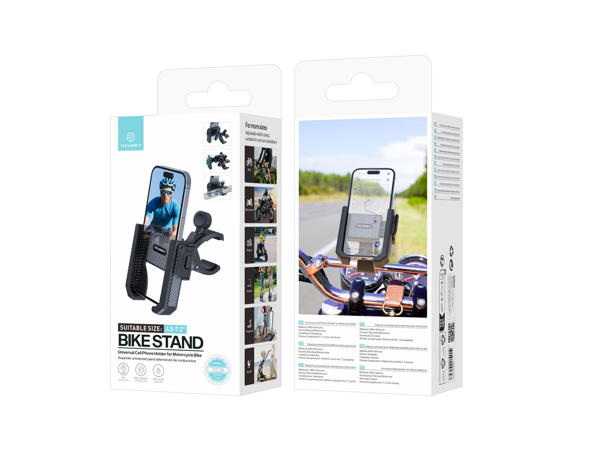 Techancy Suporte Universal para TelemOvel TI2338, Compatível com Bicicleta/Motociclo, 4.5-7.2 Polegadas, ABS+Silicone, Preto