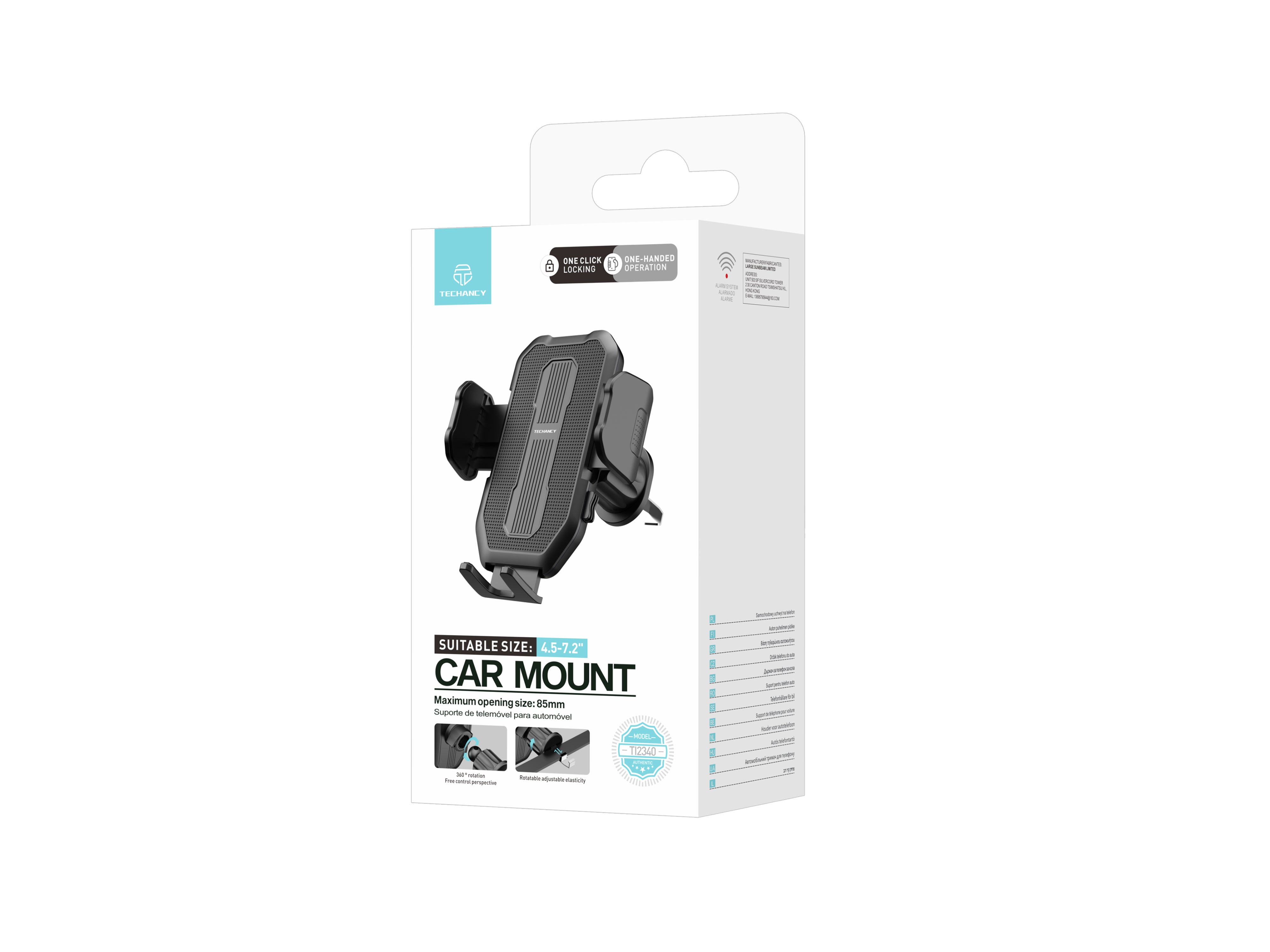 Techancy suporte de telemovel para carro TI2340 Operacao com uma mao Compativel com 4.5-7.2 pol Preto