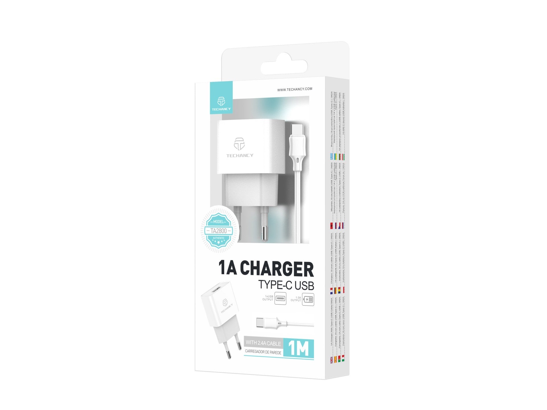 Techancy USB Charger for Mobile Phone White TA2776, Stable Charging 5V-1A with USB-Type-C Cable Set 1m
