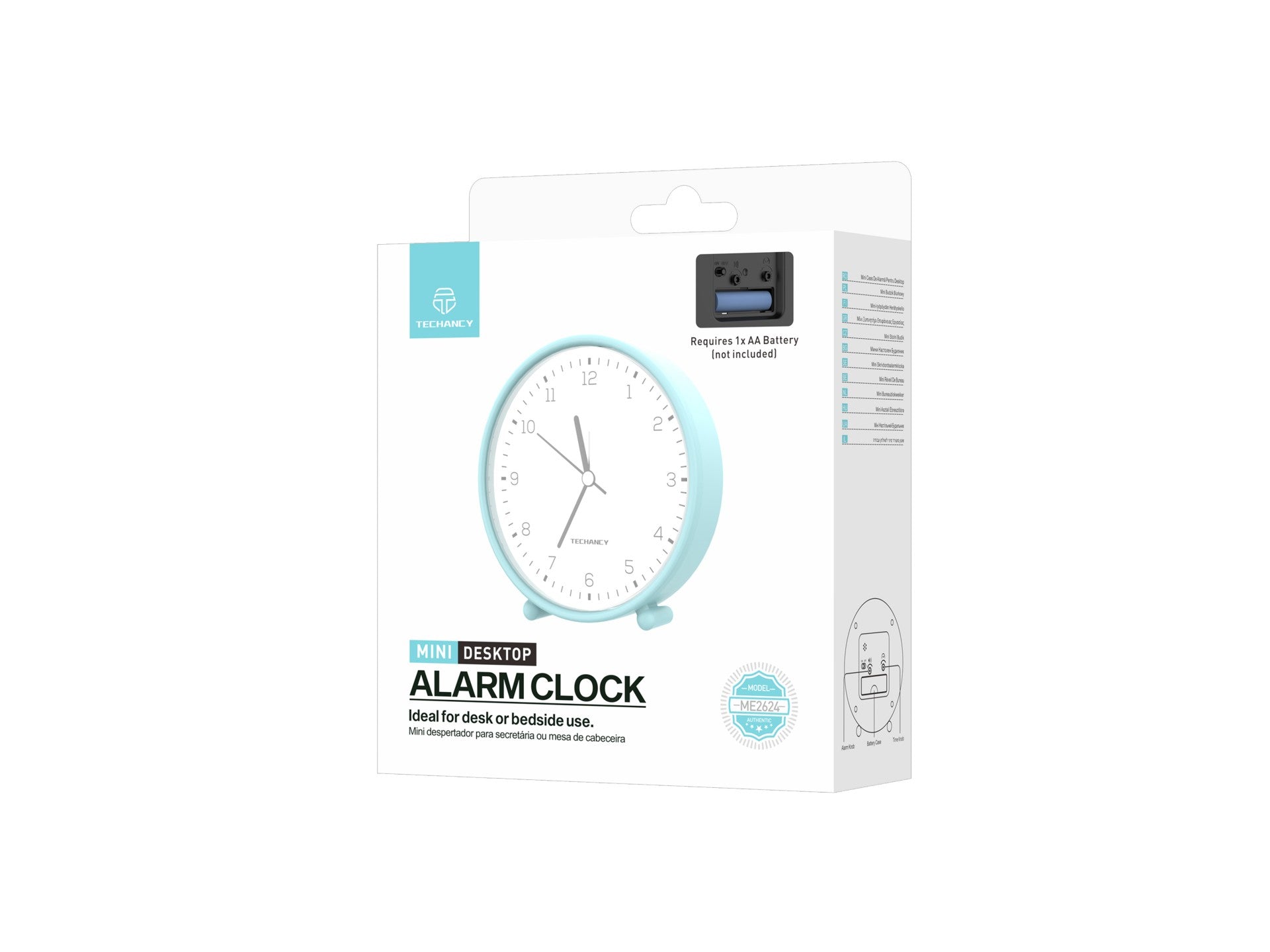 Techancy Mini ME2624 Silent Desk Alarm Clock, Large Numbers, Mirror, HD ABS Body, Portable for Bedroom and Desk, Blue Color