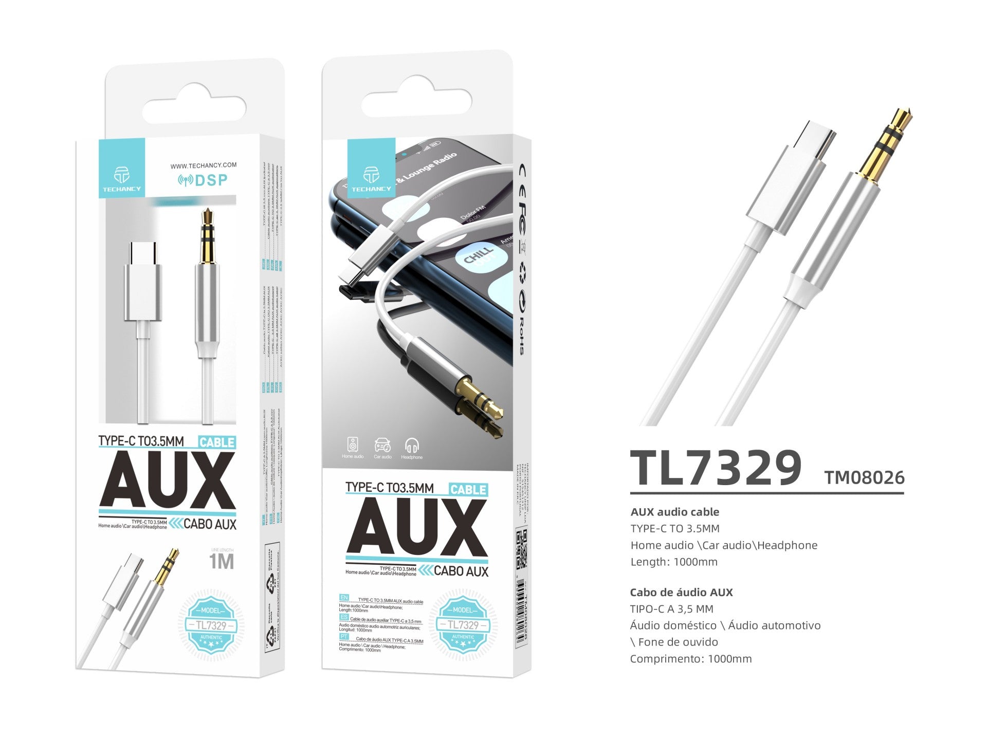 Techancy Cabo De Áudio Aux TL7329, Tipo-C Para 3.5mm, 1m, Para Áudio Automotivo E Fones, Som De Qualidade