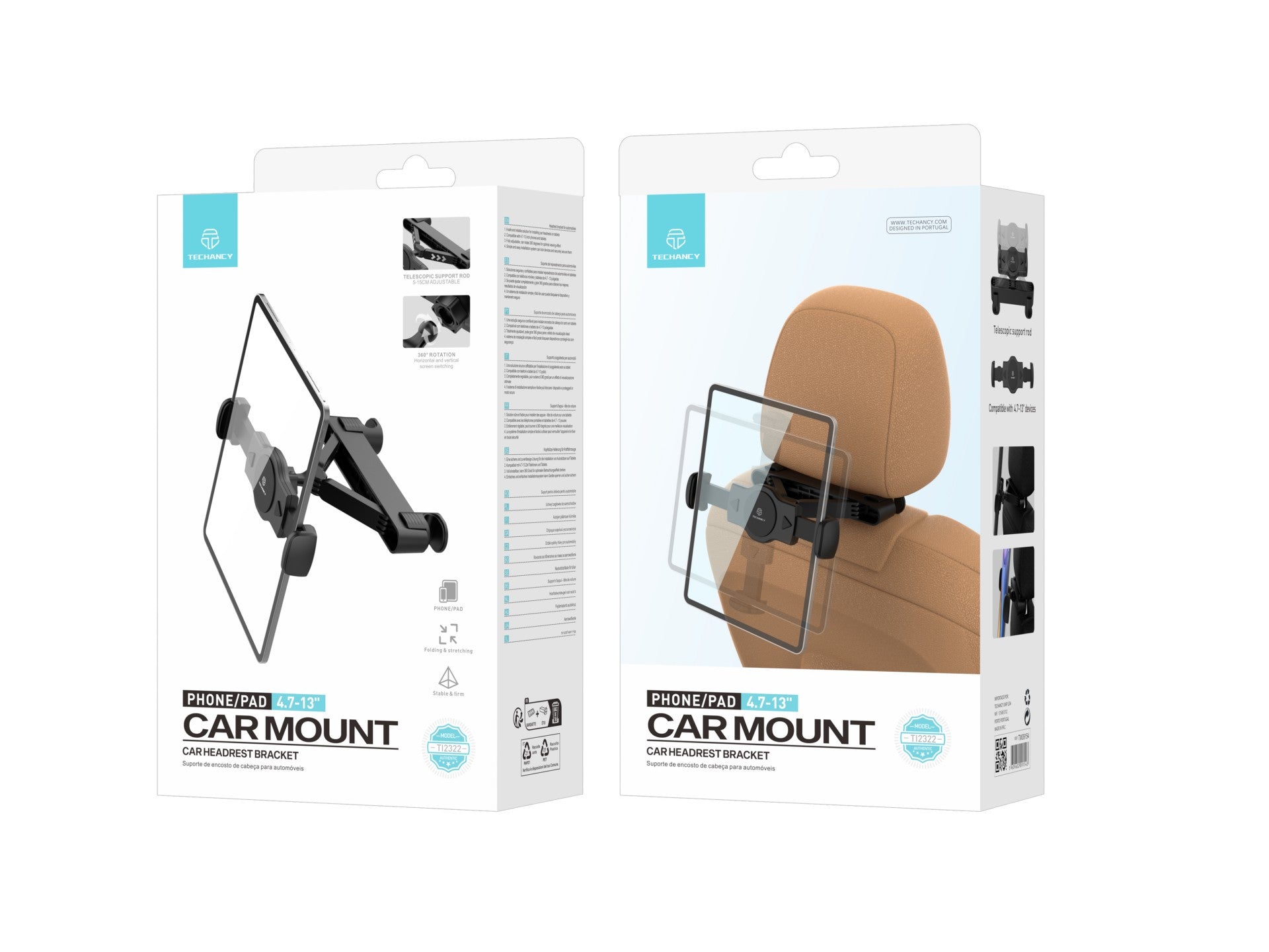 Techancy Suporte Para Banco Traseiro Do Automóvel TI2322, Para Dispositivos De 4,7-13 Polegadas Giro De 360 Preto
