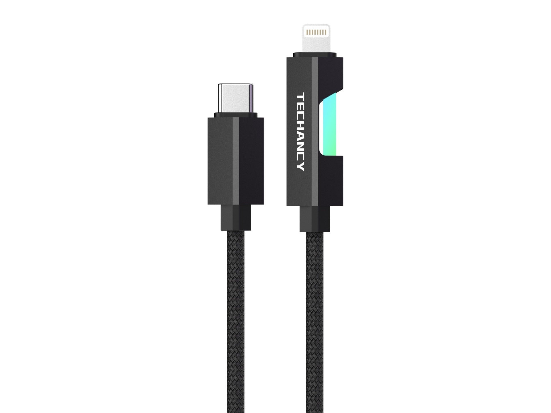 Techancy USB-C to Lightning Cable TB1797, 1 Meter/30 Watts, RGB Lights, Aluminum Braided, Compatible with iPhone 11-14 Black