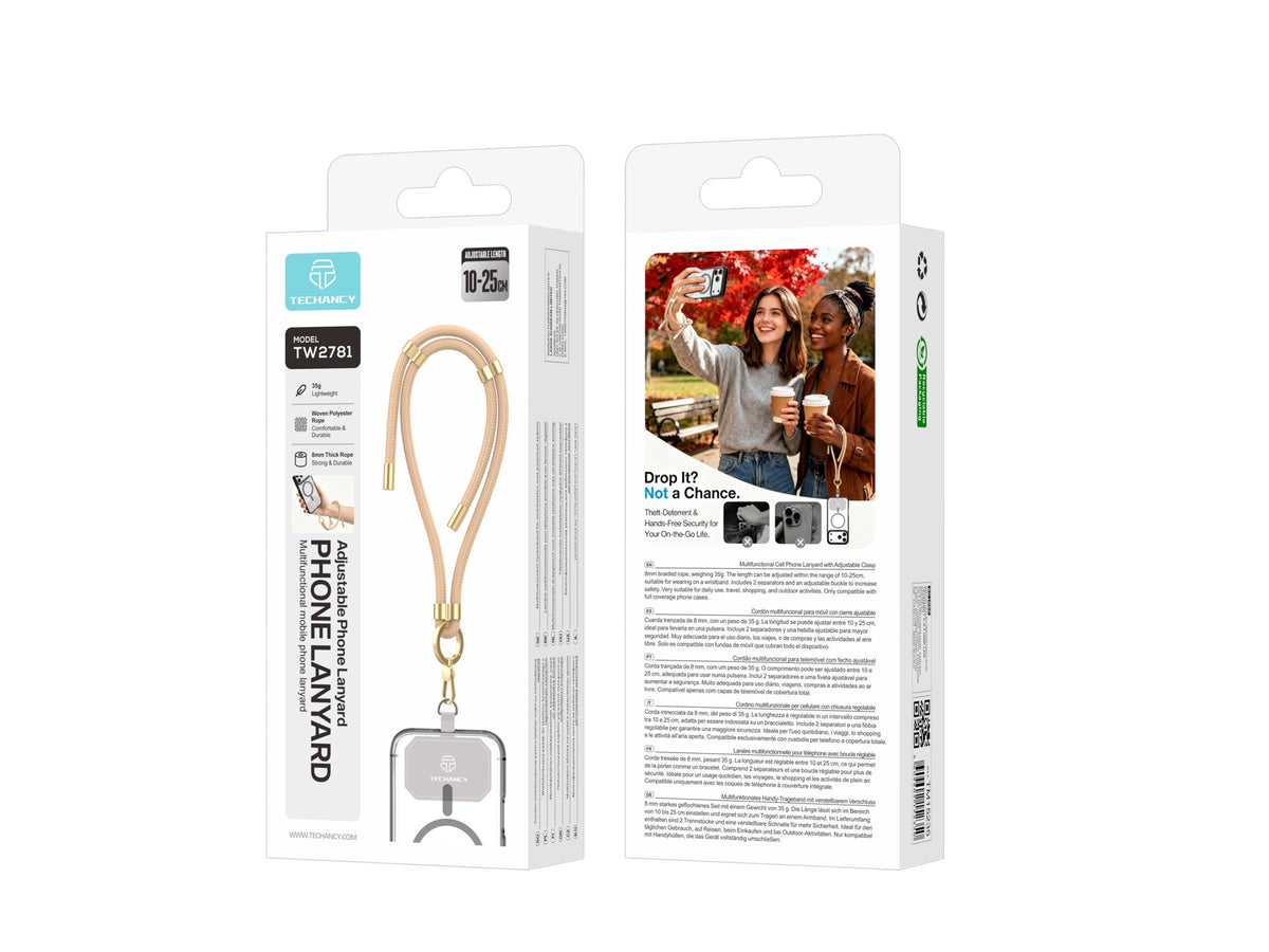 Fita de Pulso para Telemovel TECHANCY TW2781, Ajustavel 10-25 cm, Corda Entrancada 8 mm, com 2 Patilhas, Dourado